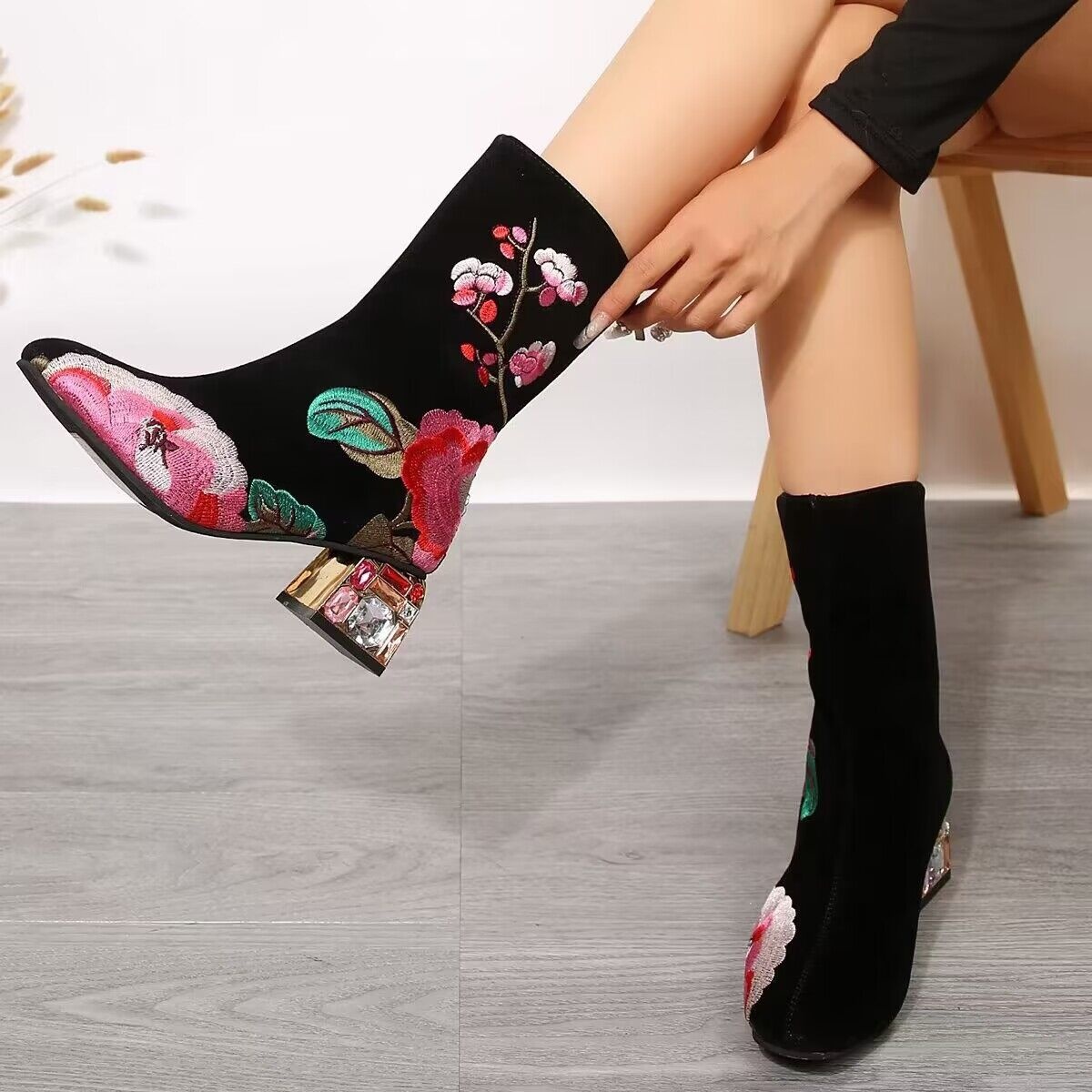 Floral Embroidered Rhinestone Block Heel Boots