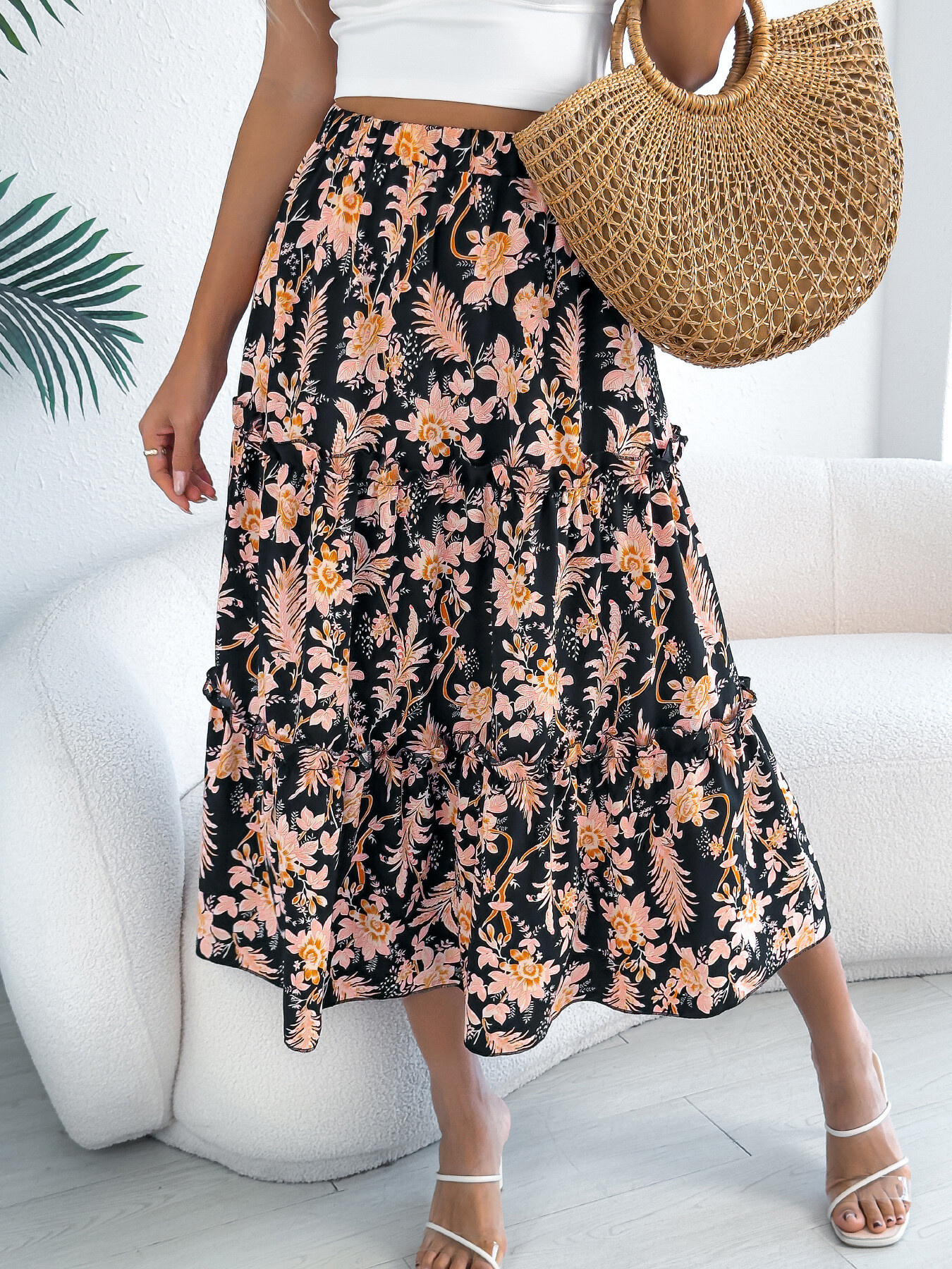 Floral Print Ruffle Hem Flowy Midi Skirt
