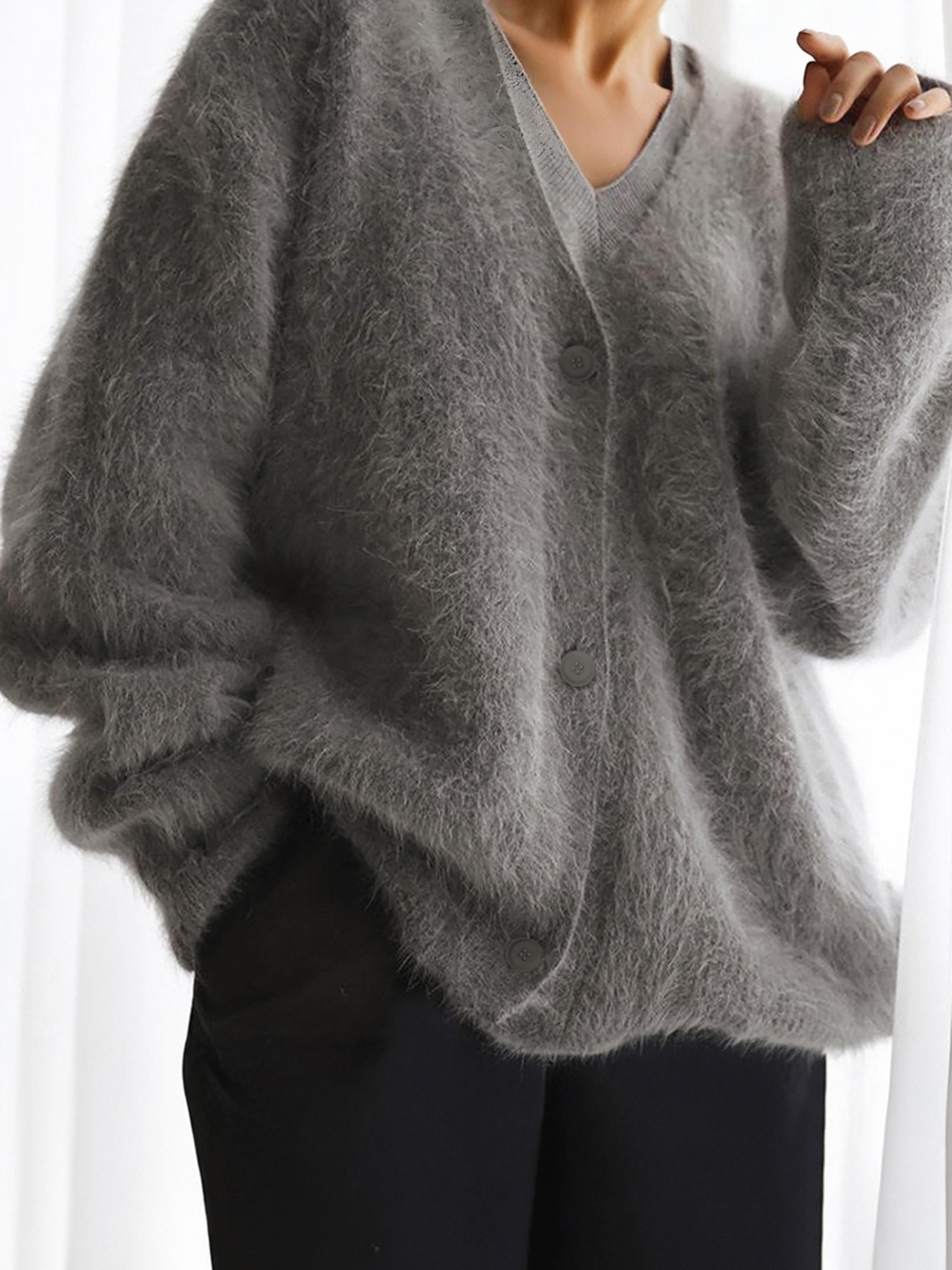 V Neck Button Down Fuzzy Knit Mohair Cardigan
