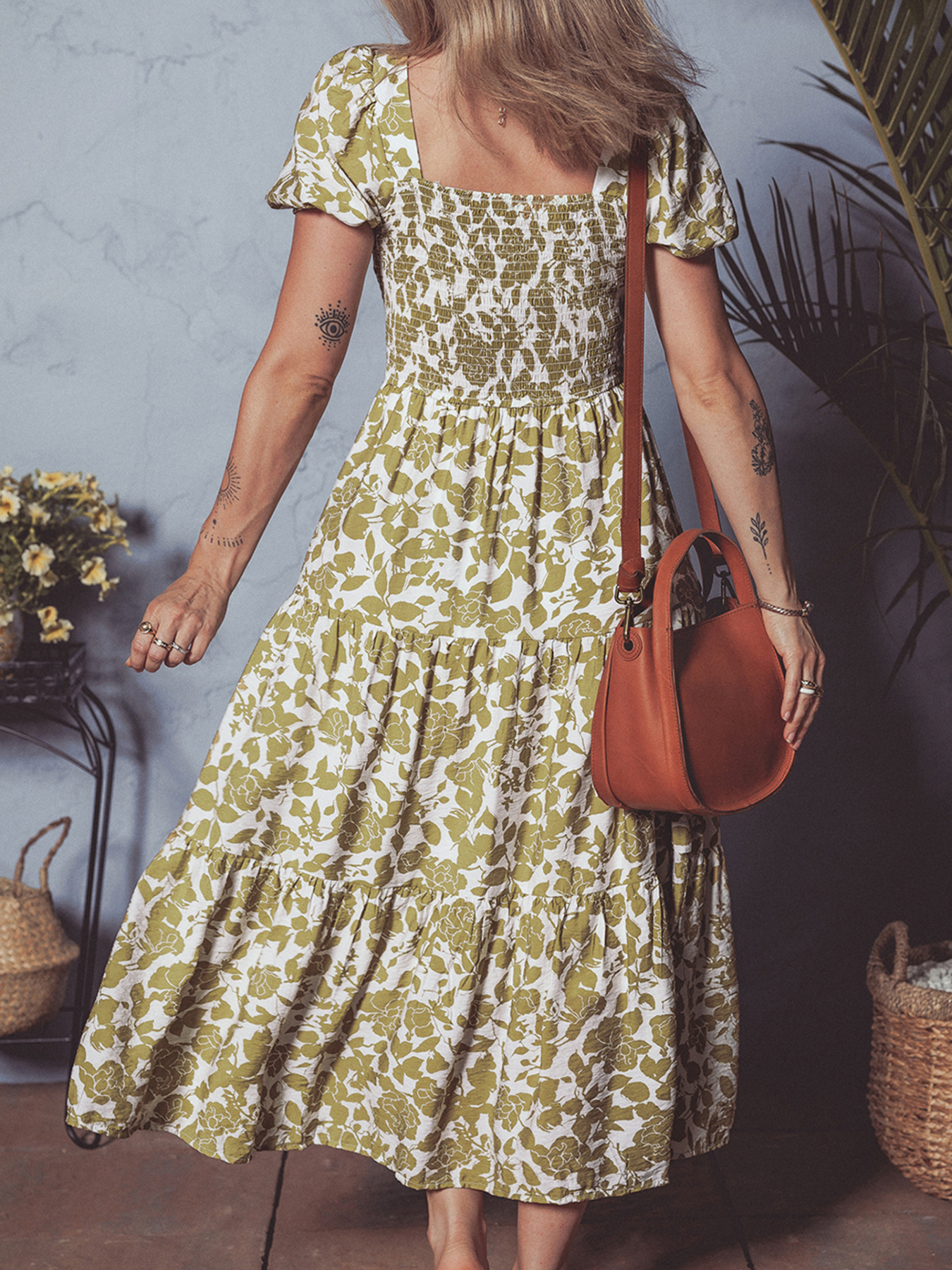 Boho Floral Square Neck Smocked Bust Puff Sleeve Tiered Dress