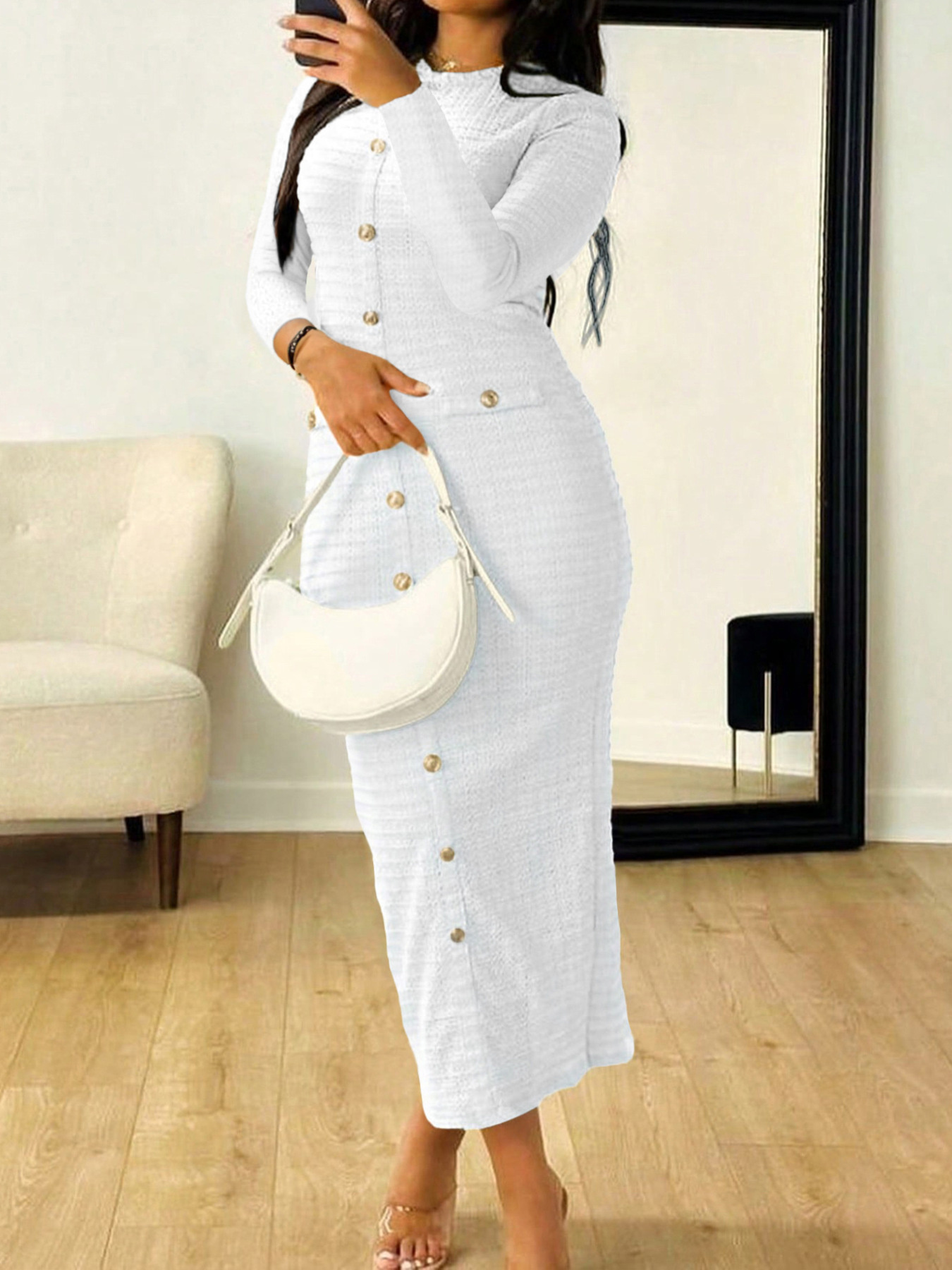 Textured Long Sleeve Midi Dress