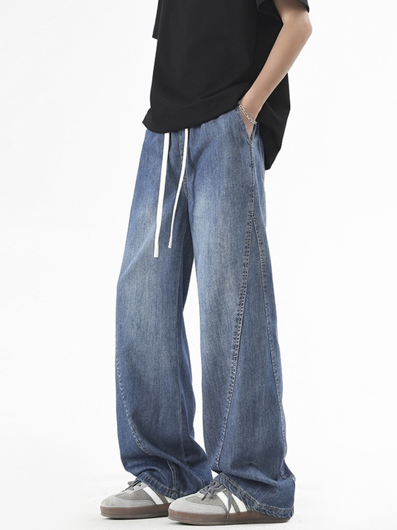 Men's Plus Size Vintage Wide Leg Jeans with Drawstring