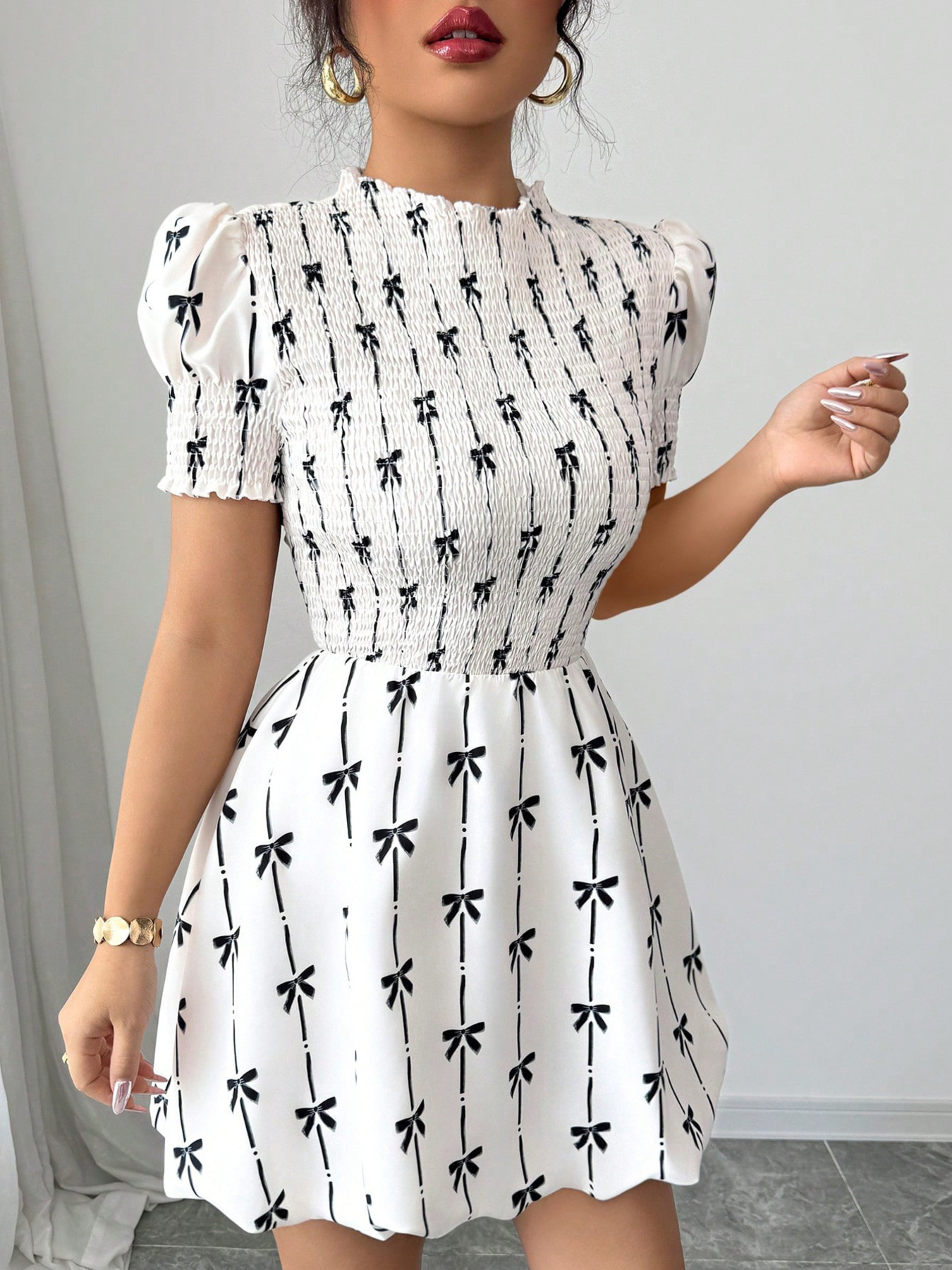 Smocked Bow Print Short Sleeve Dress