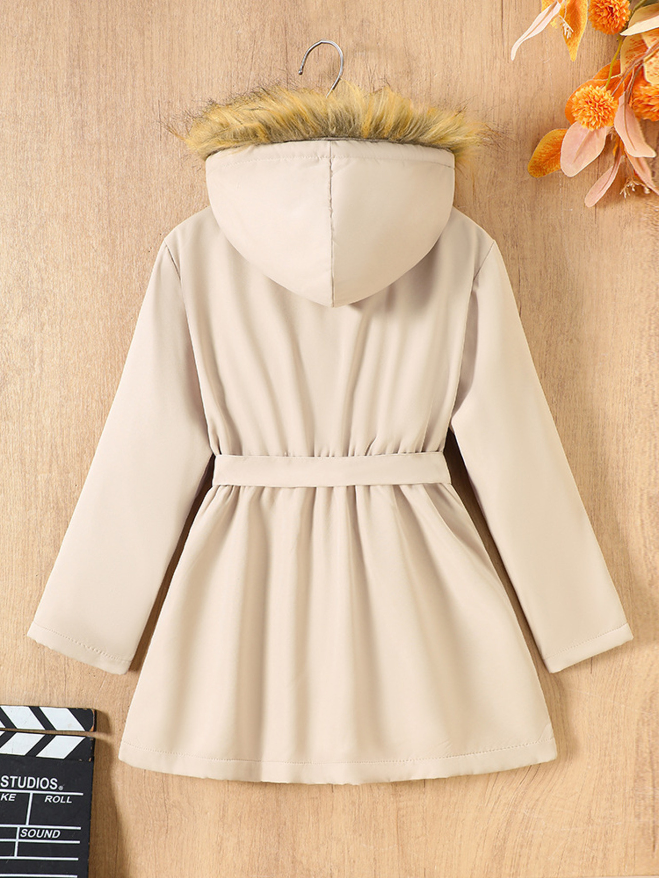 Children's Tie Waist Faux Fur Hooded Outerwear