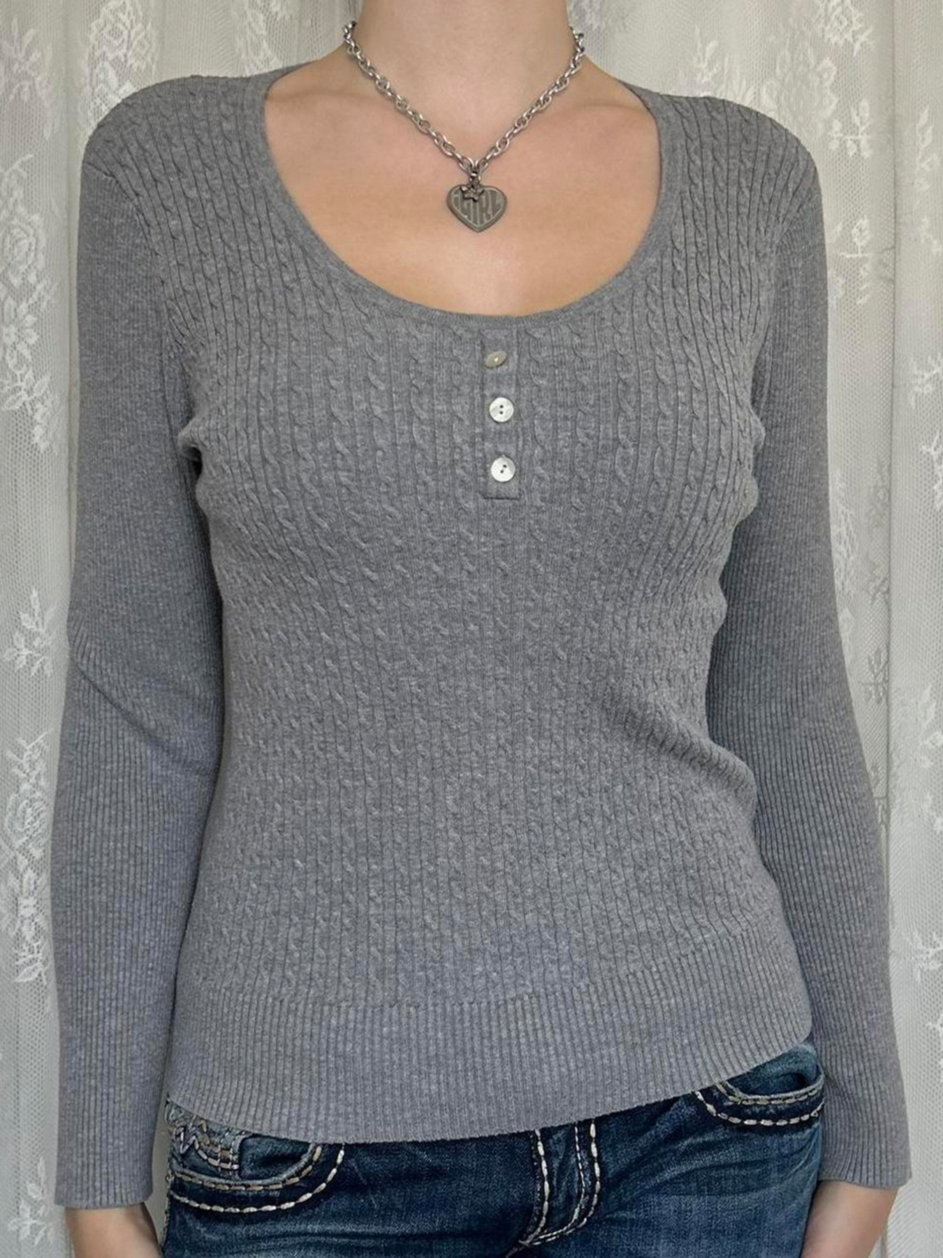 Button Detail Long Sleeve Cable Knit Top