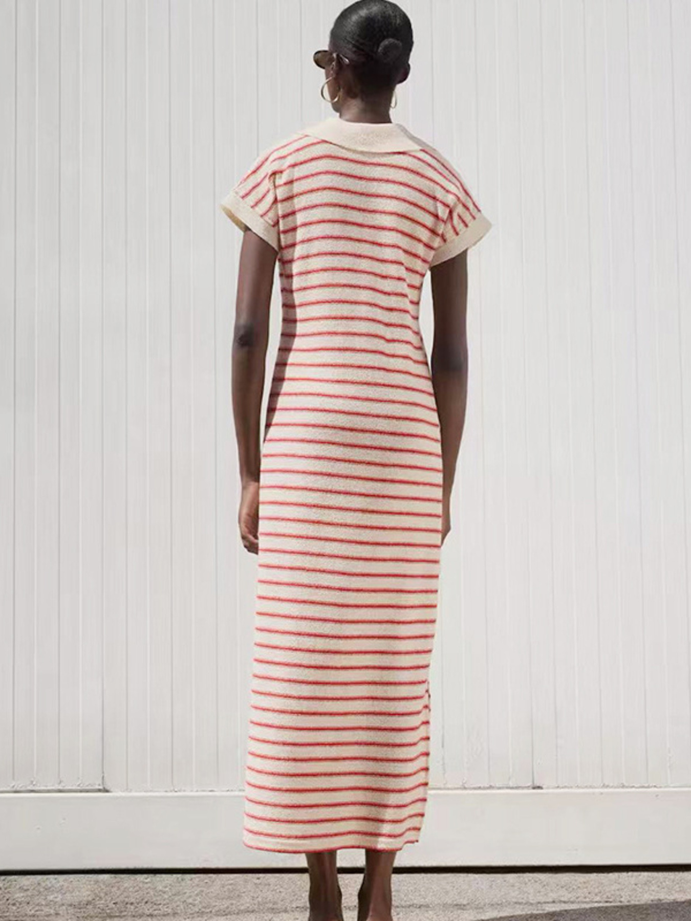 Striped Slit Short Sleeve Maxi Dress