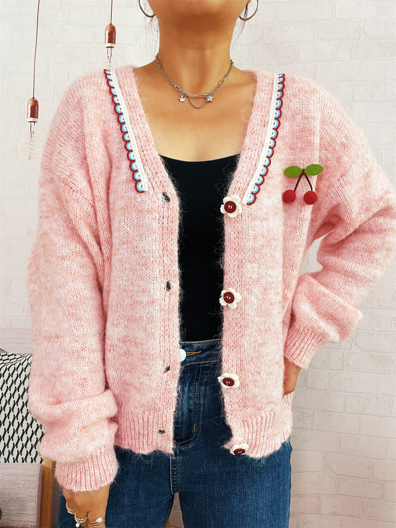 Cherry Button-Front Long Sleeve Cardigan