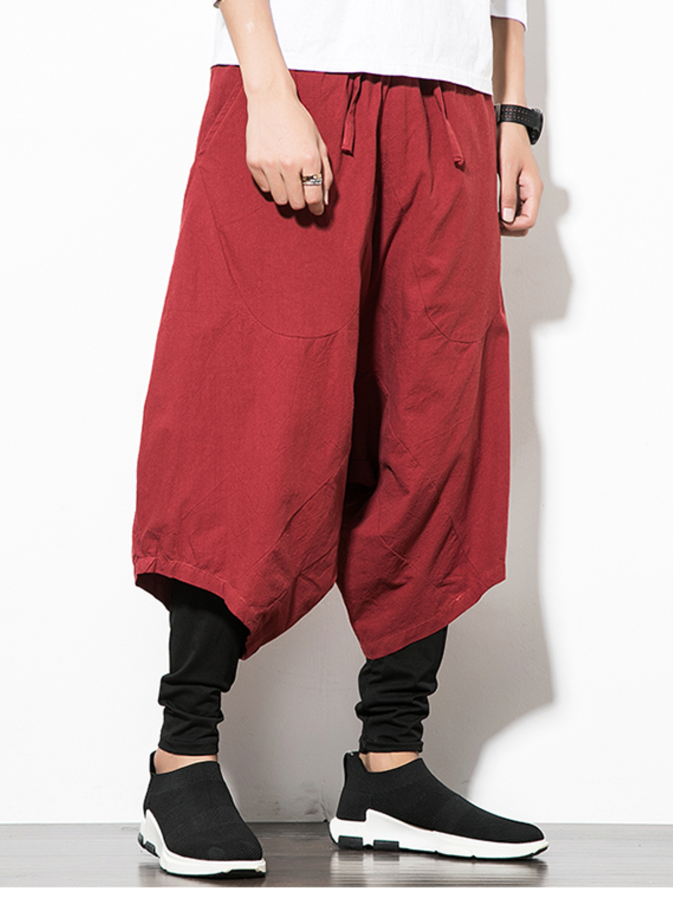 Men's Plus Size Wide Leg Drop Crotch Pants with Drawstring
