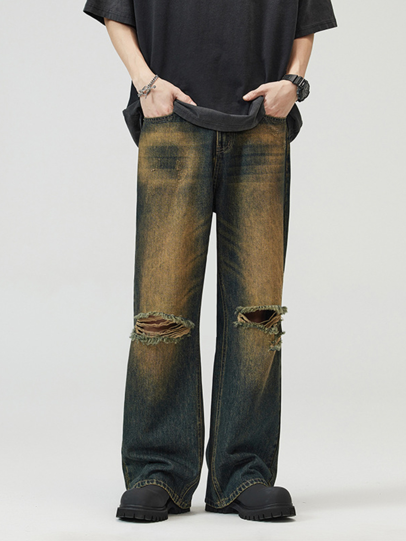 Men's Full Size Washed Distressed Wide Leg Jeans Plus Size