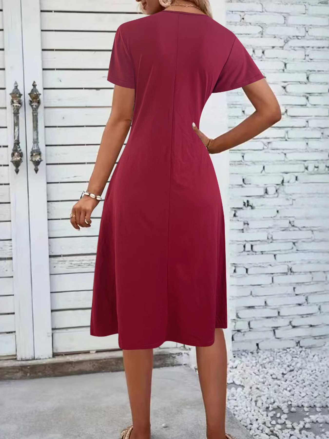 V-Neck Short Sleeve Midi Dress