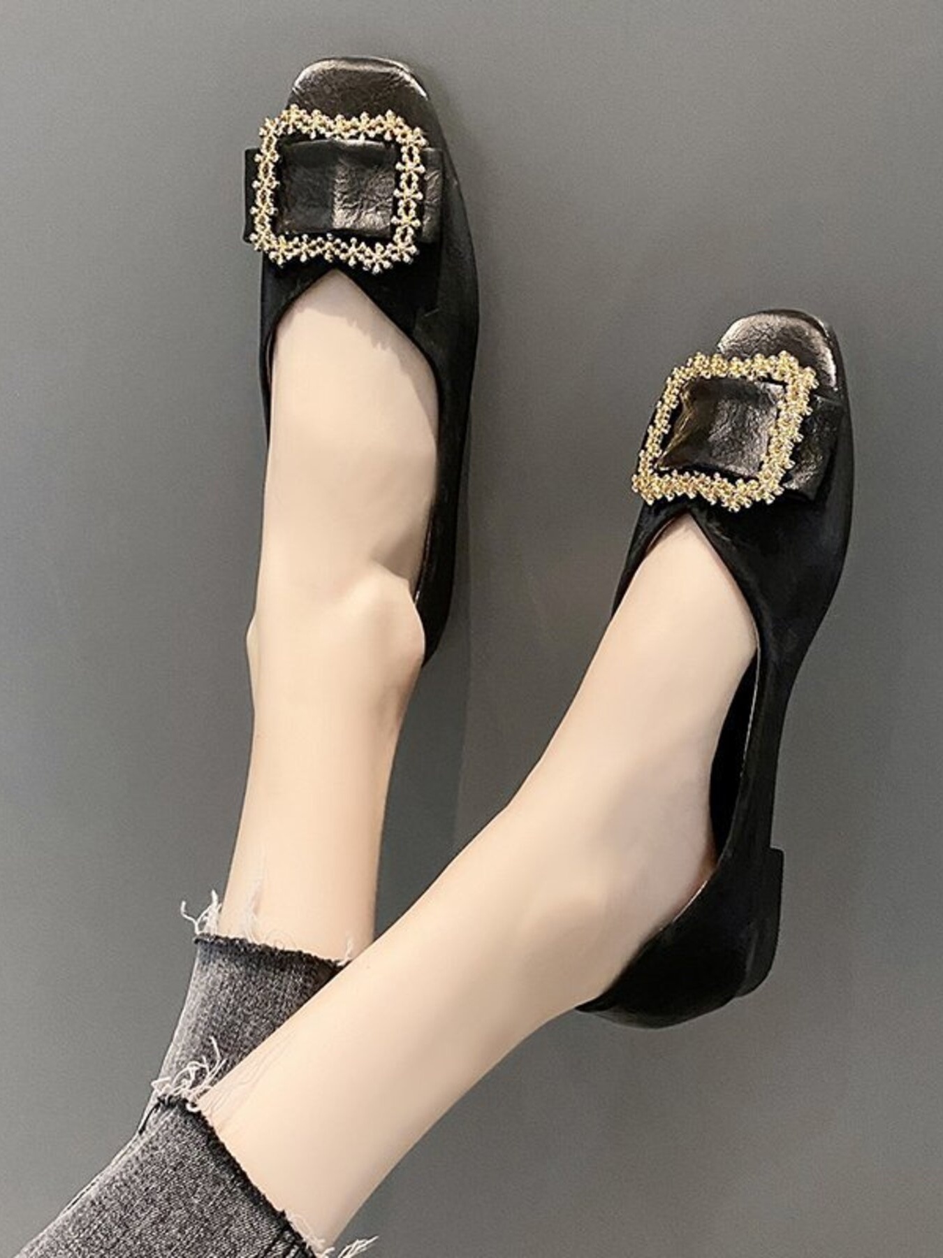 Square Toe Buckle Detail Loafers