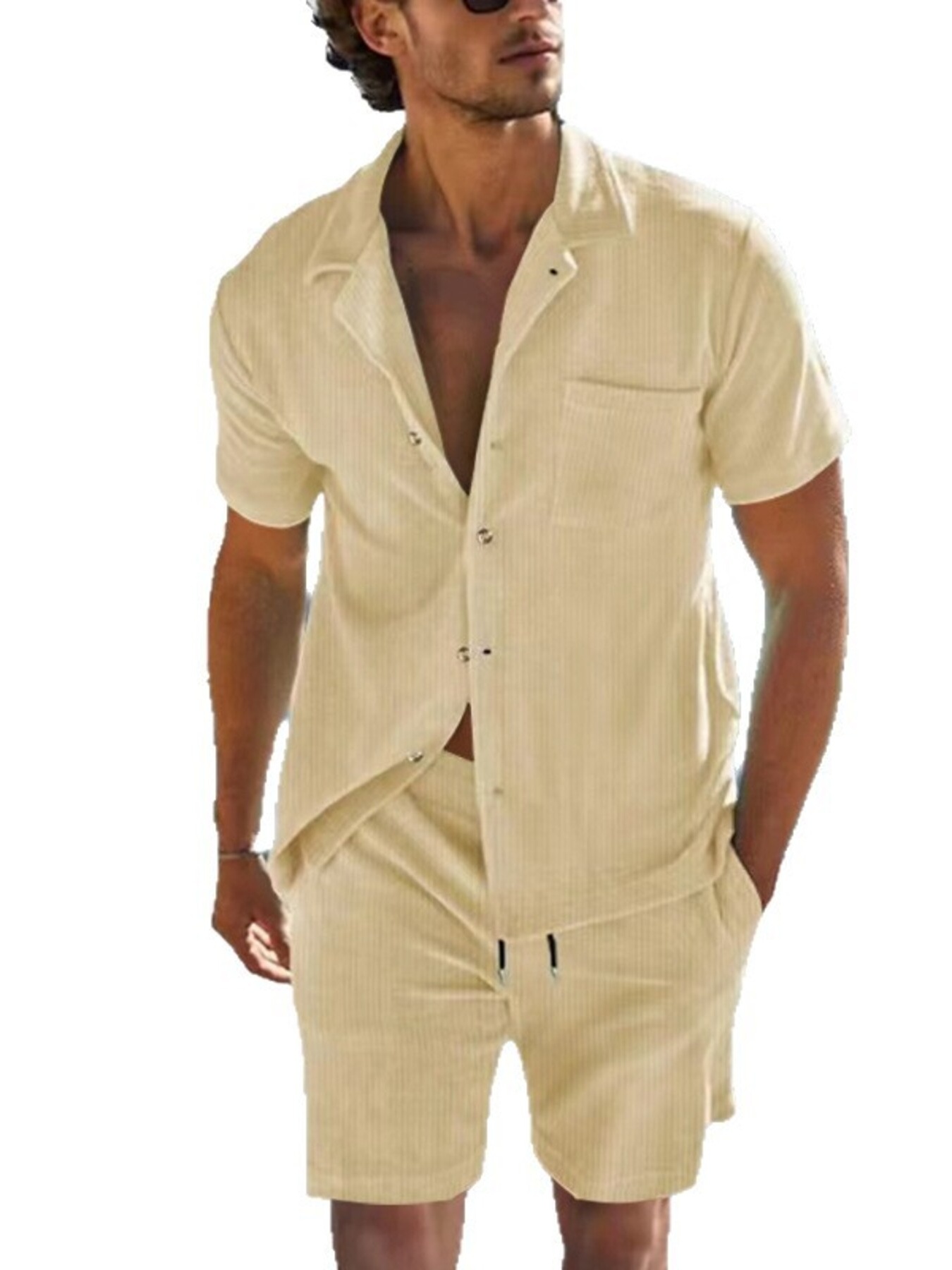 Men's Full Size Button Detail Short Sleeve Top and Shorts Set Plus Size