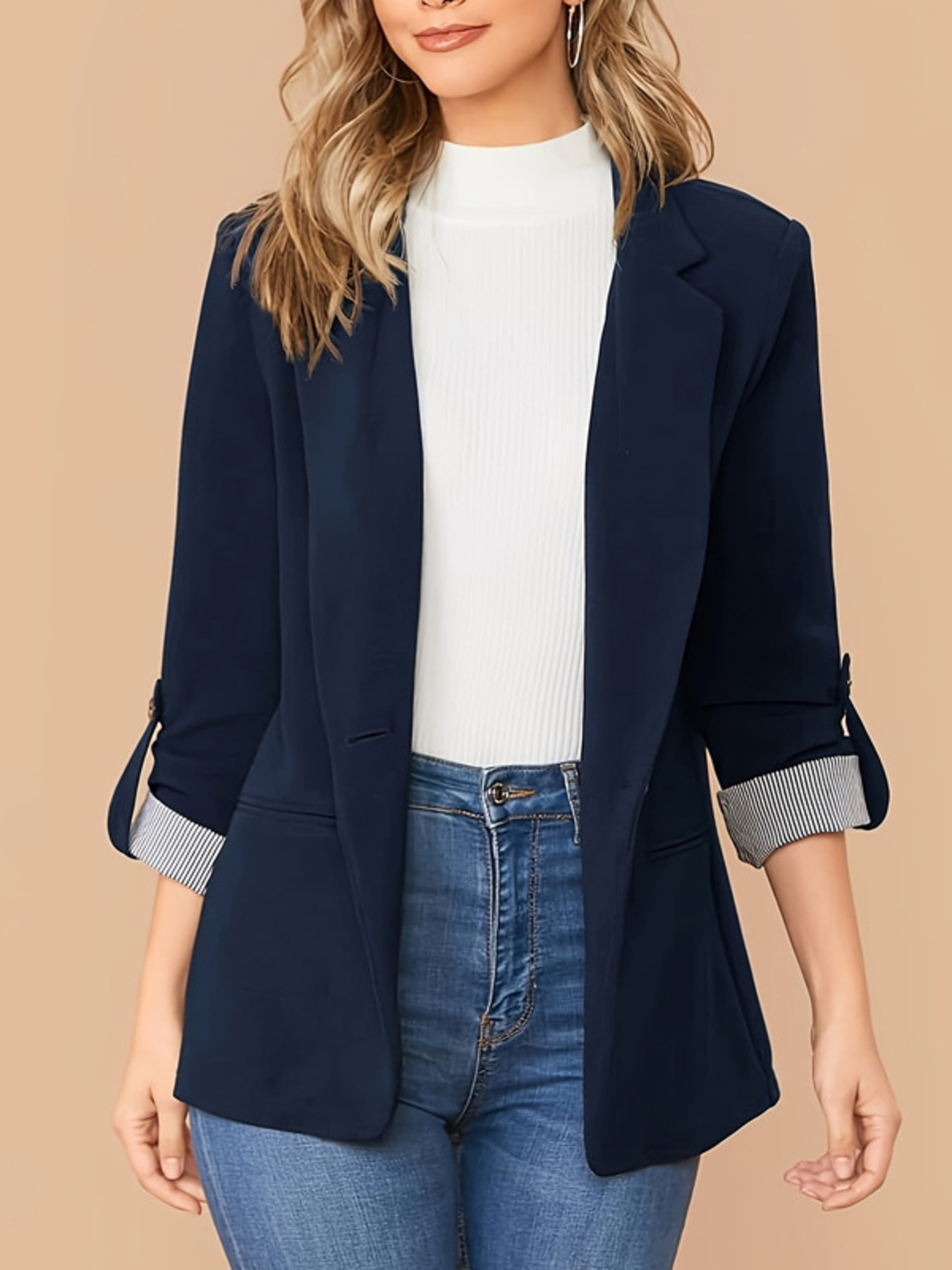 One Button Roll-Up Sleeve Blazer
