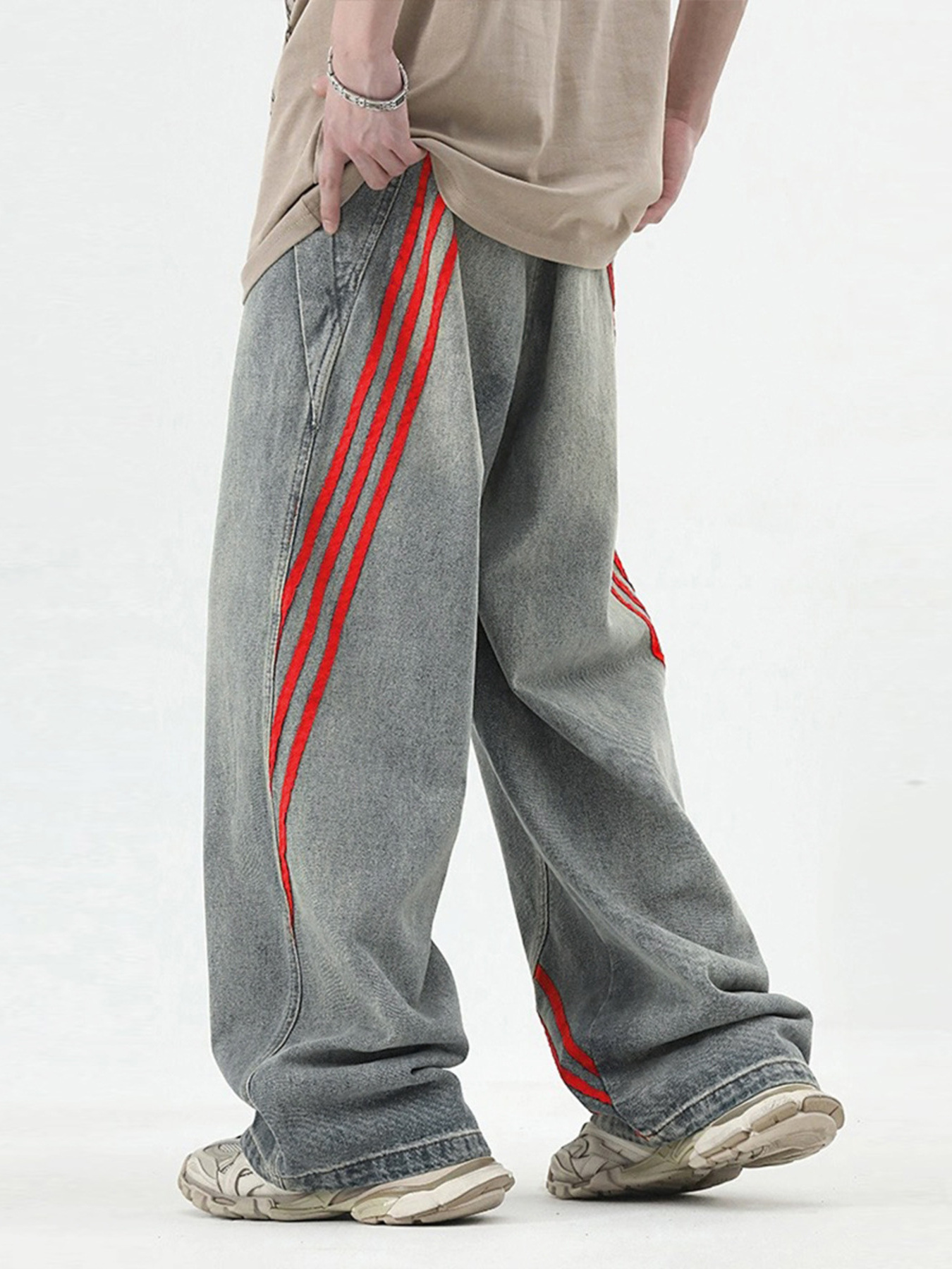 Men's Wide Leg Striped Denim Jeans