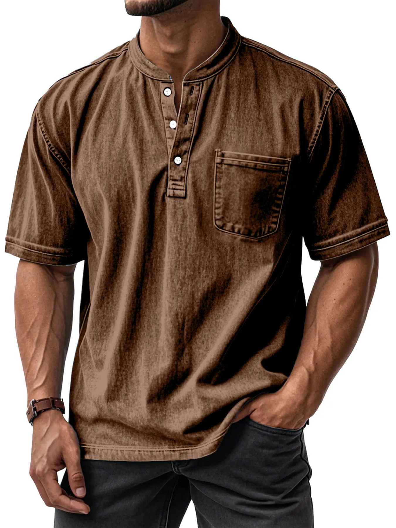 Men's Full Size Button Detail Short Sleeve Top Plus Size
