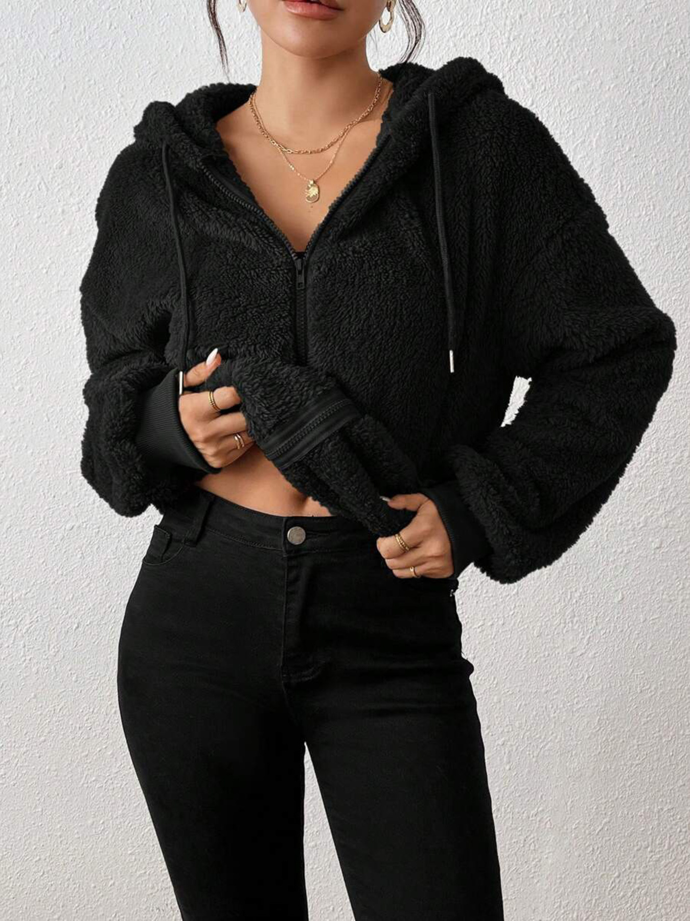 Zip-Up Plush Hooded Outerwear