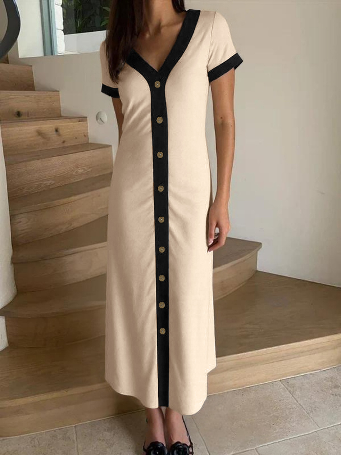 Button-Front Contrast Trim Midi Dress
