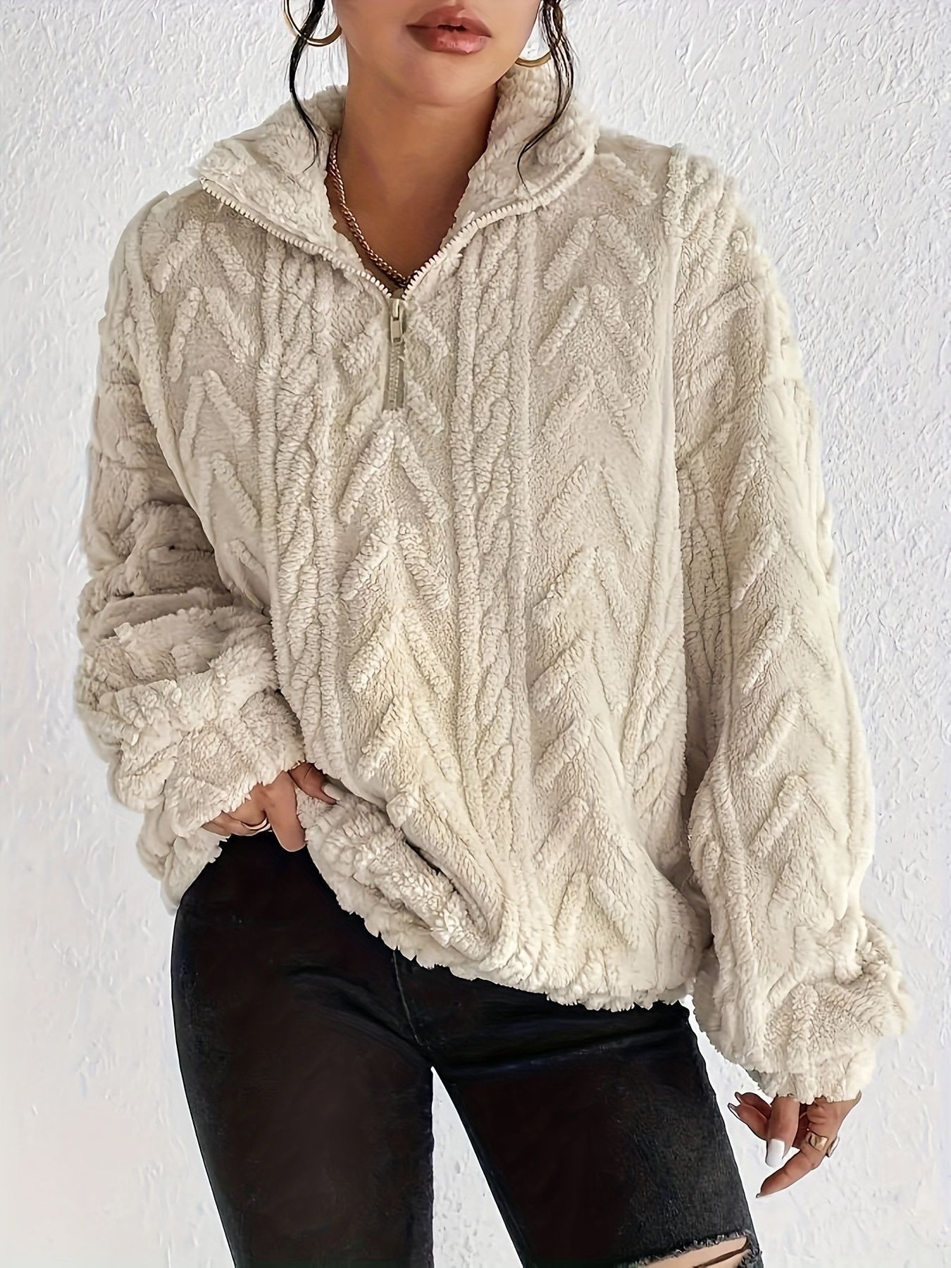 Quarter Zip Dropped Shoulder Sherpa Sweatshirt
