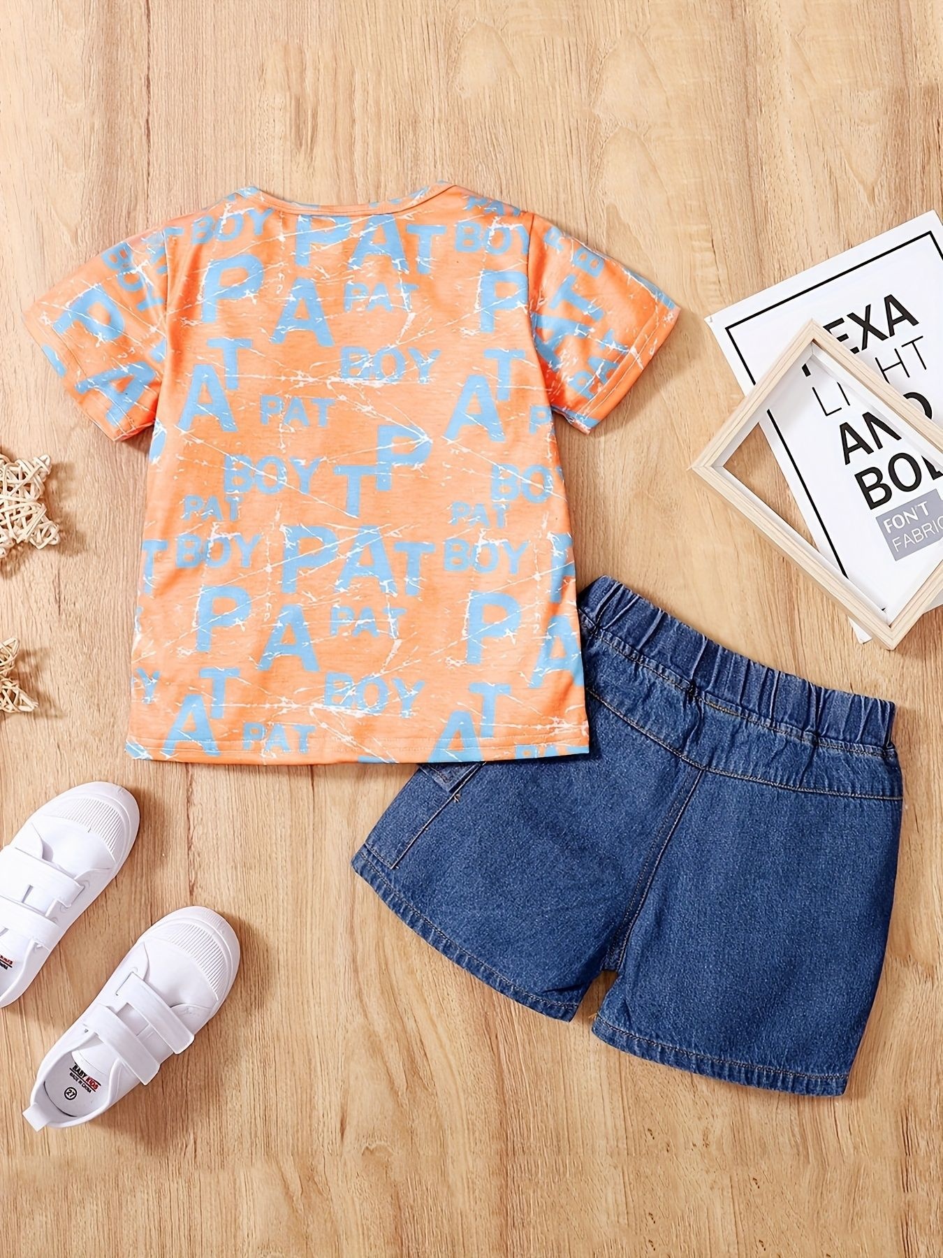 Children's Letter Print T-Shirt & Denim Shorts Set