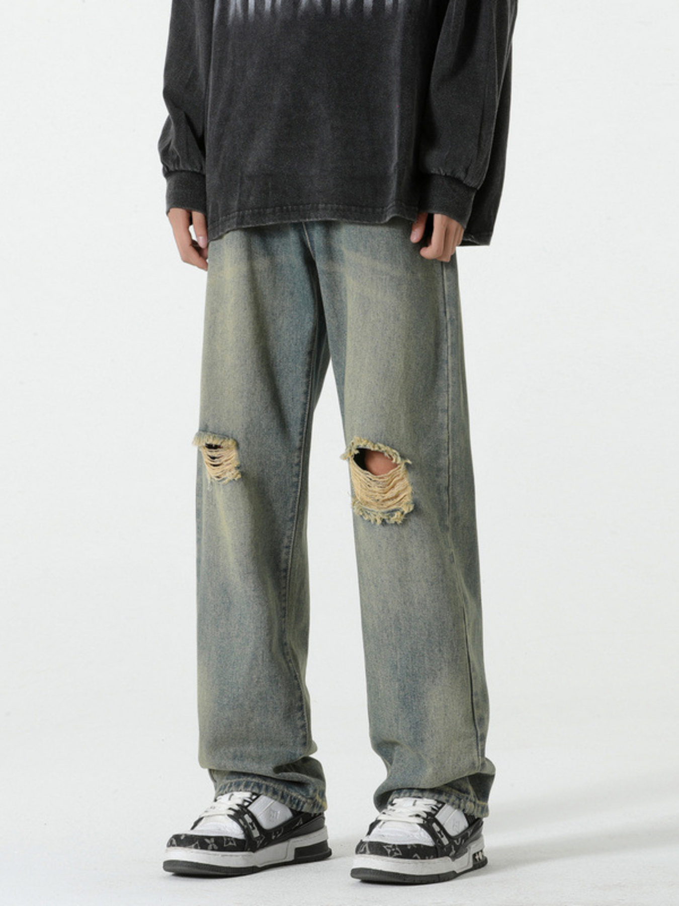 Men's Full Size Distressed Wide Leg Jeans Plus Size