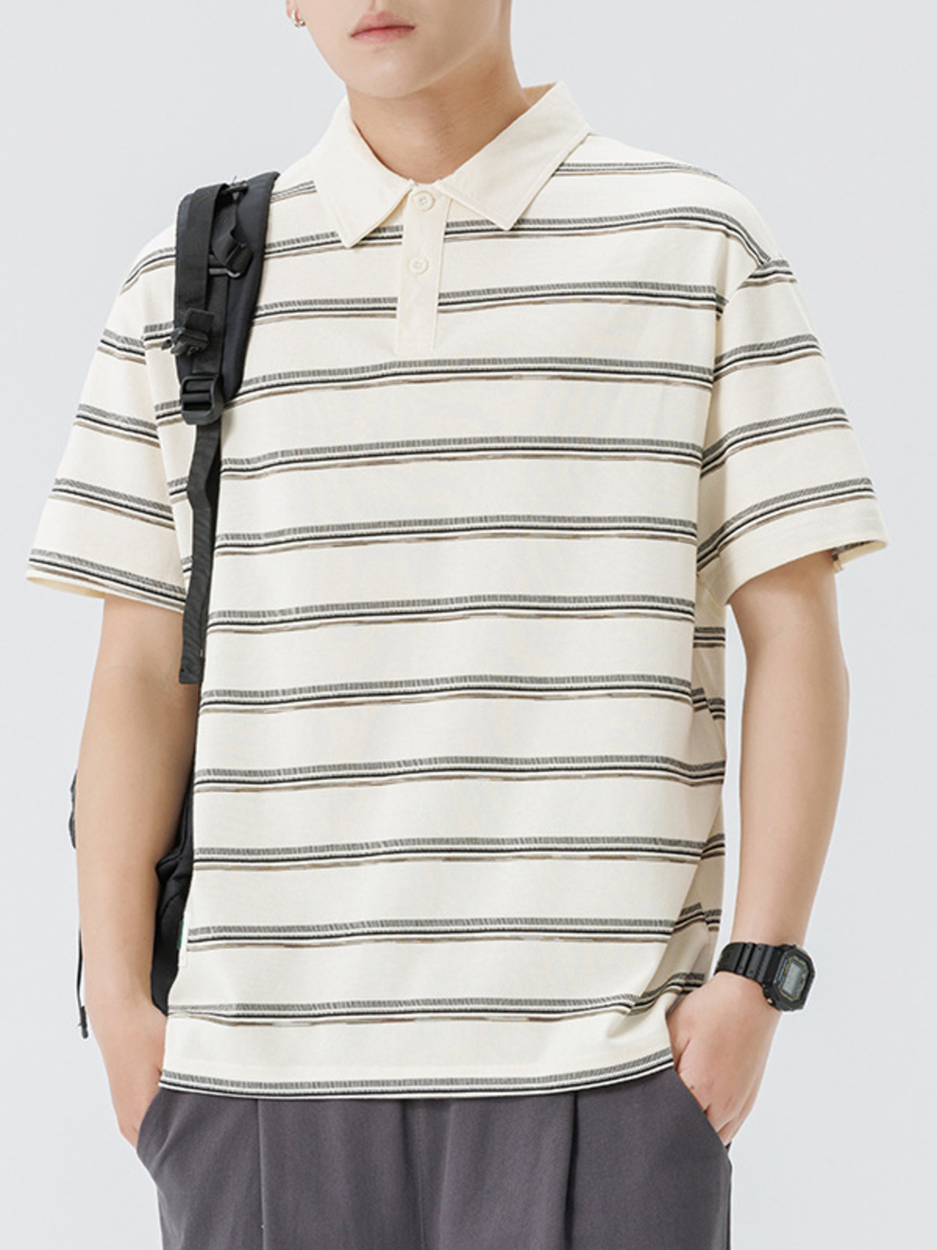 Men's Plus Size Striped Button Detail Short Sleeve Polo