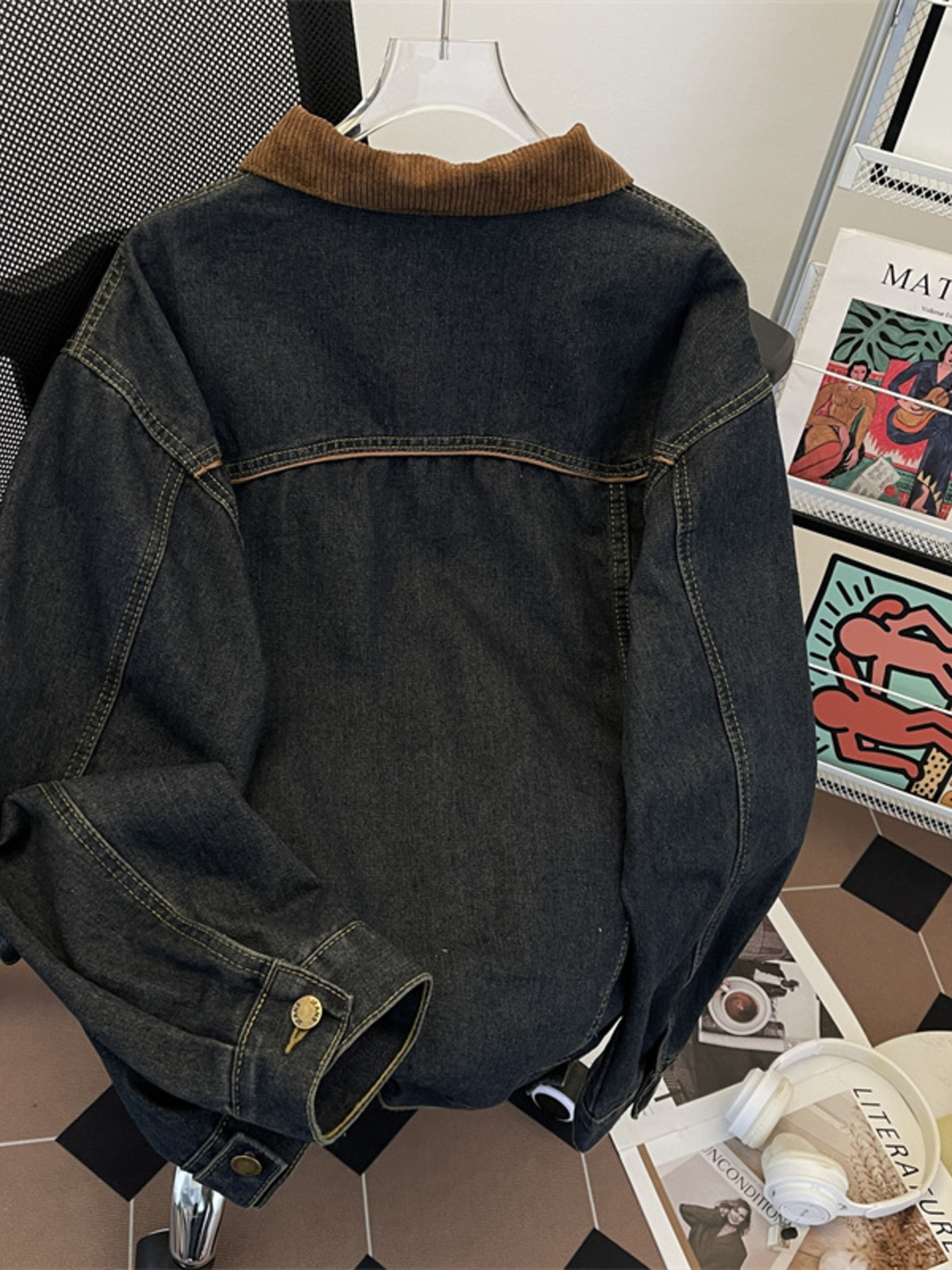 Men's Plus Size Corduroy Collar Button Up Denim Jacket