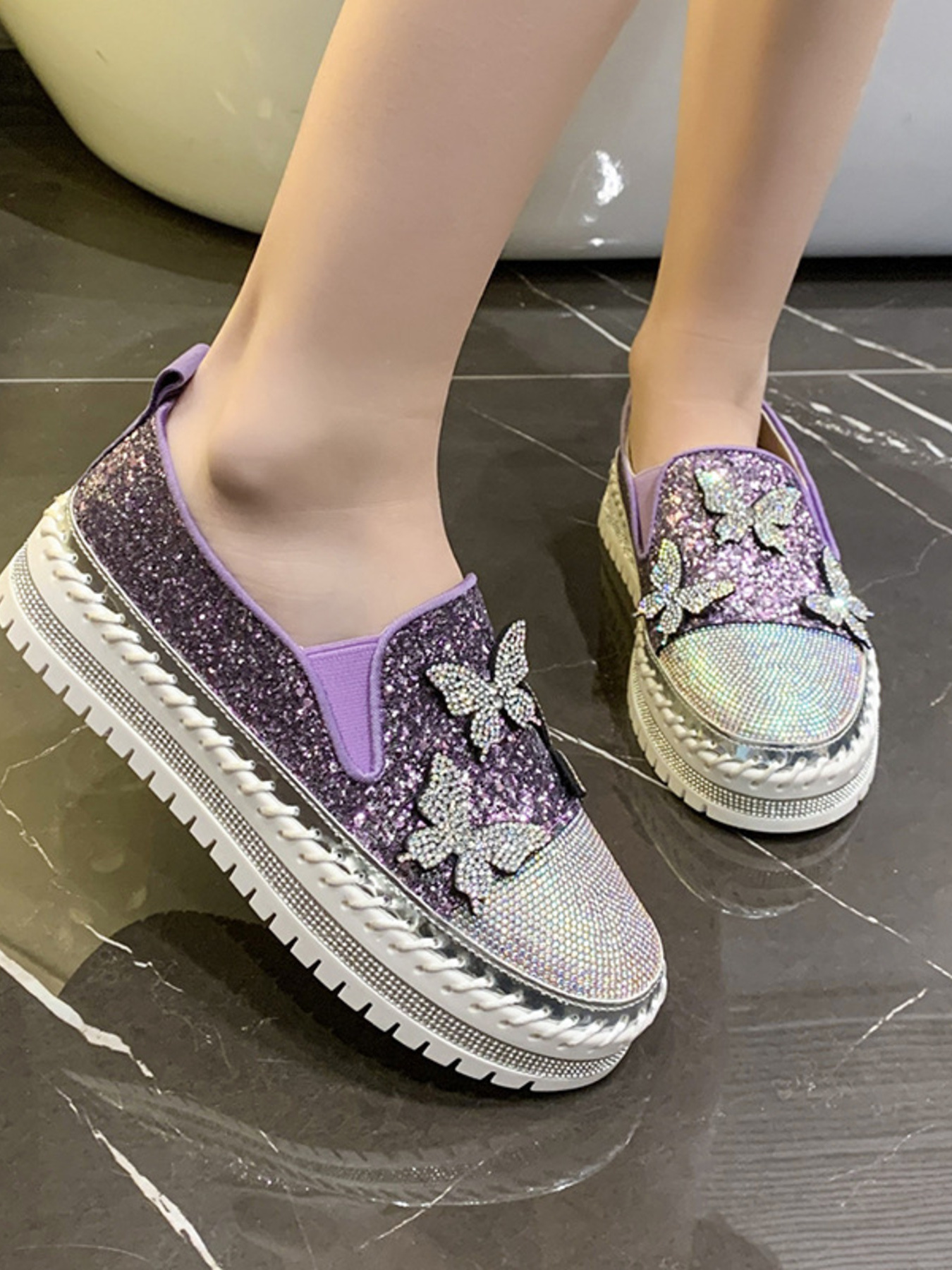 Rhinestone Embellished Platform Slip-Ons
