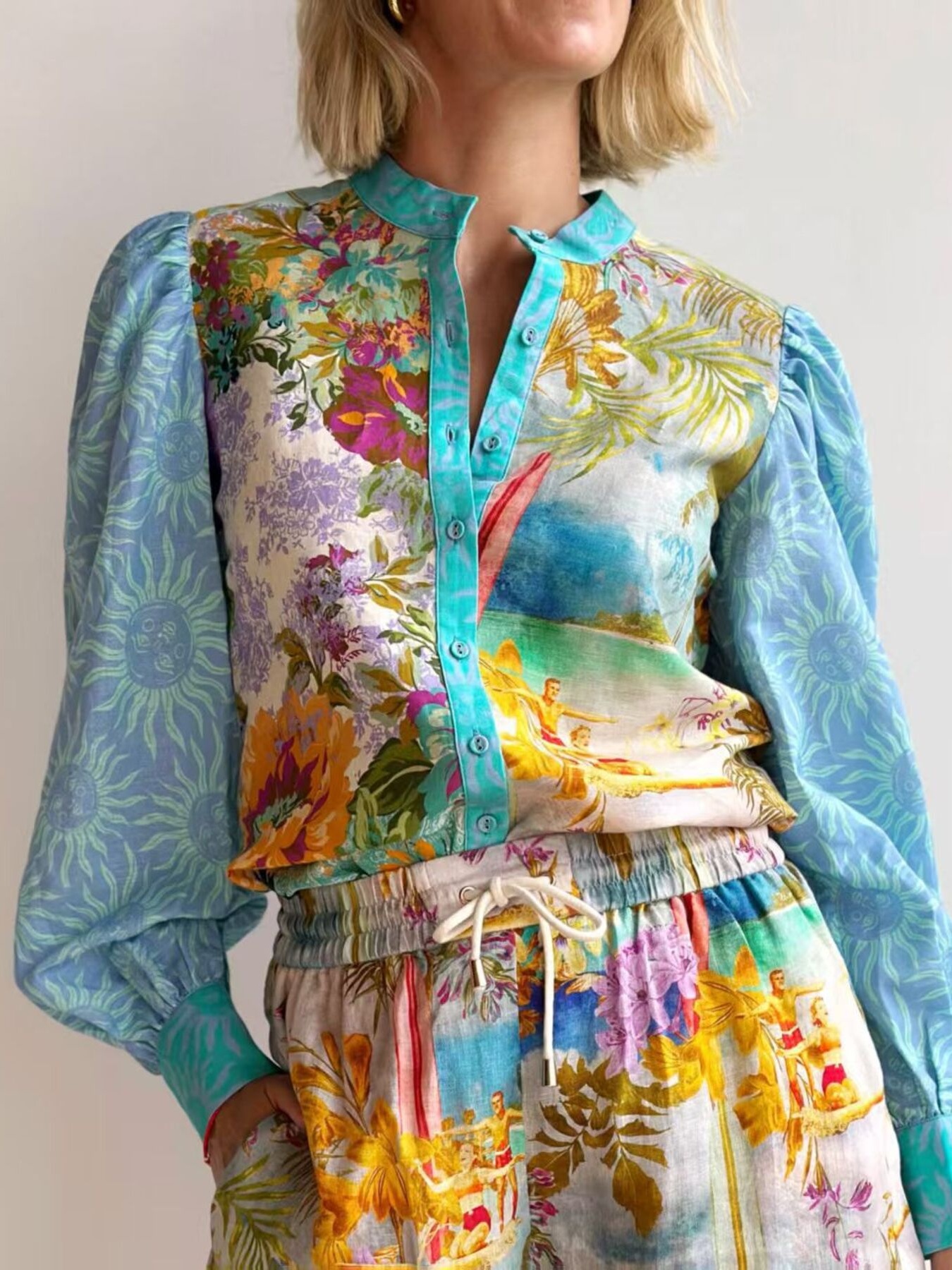 Printed Button Up Shirt and Shorts Set