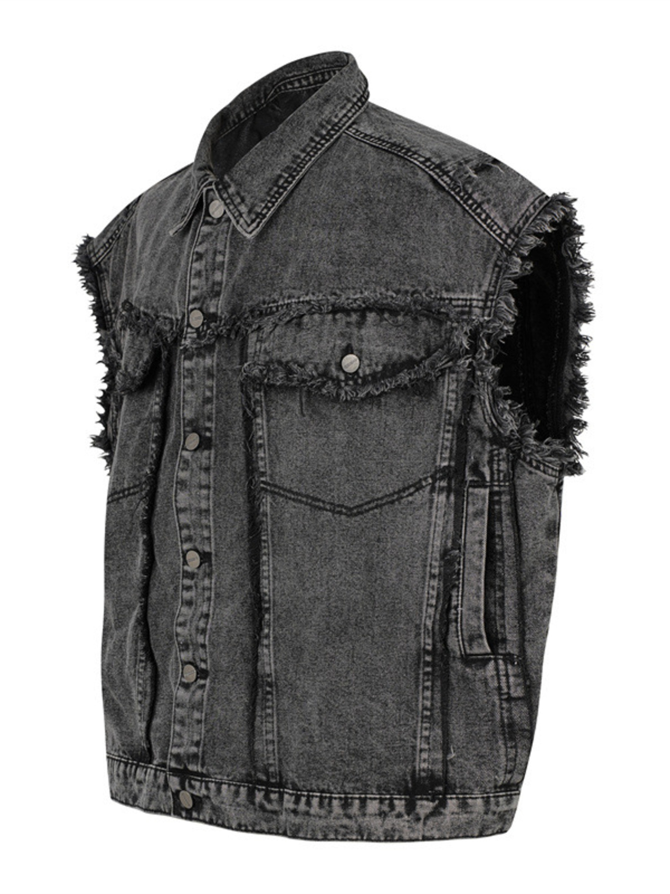 Men's Raw Hem Button Up Sleeveless Denim Jacket