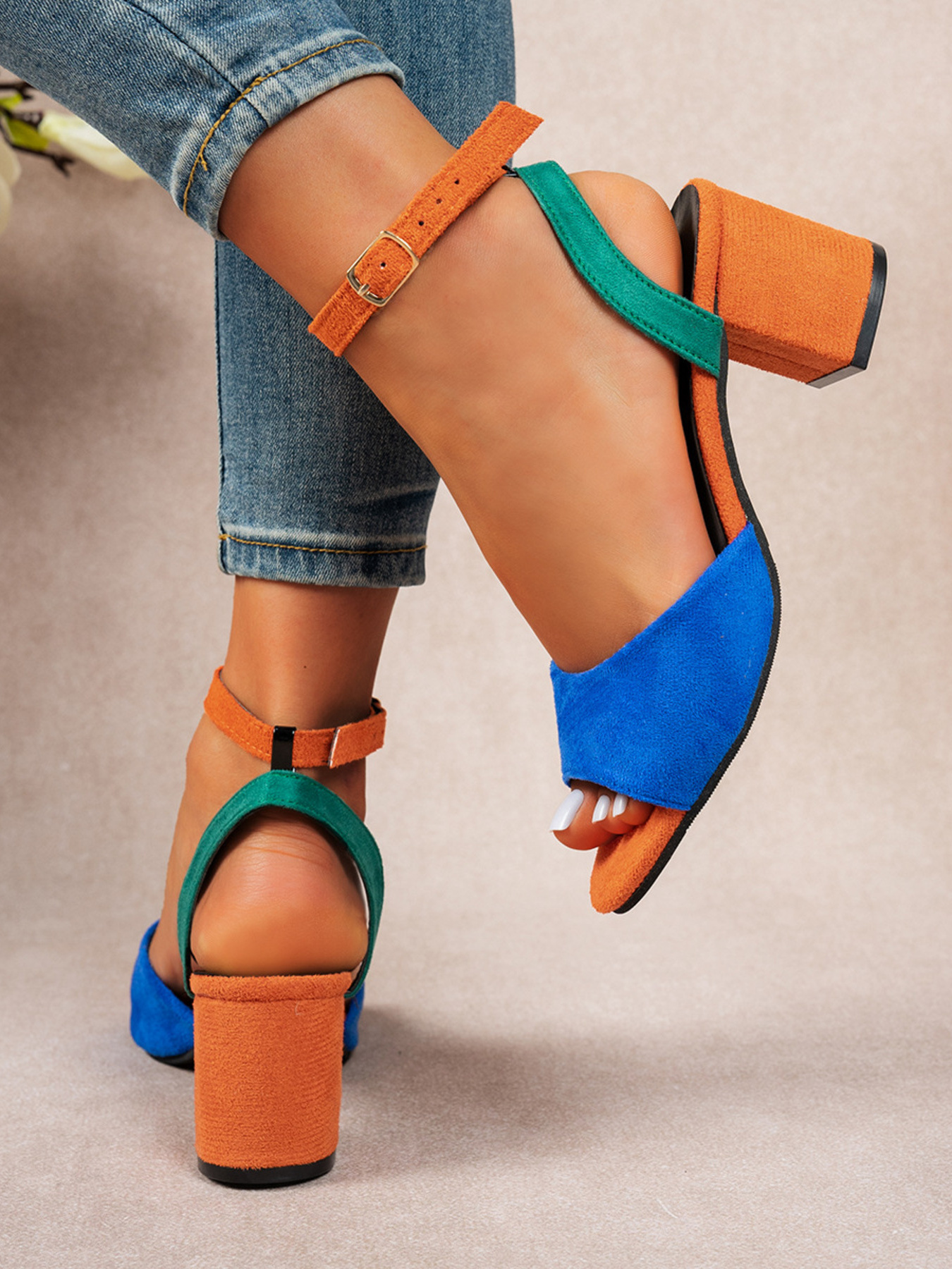 Colorblock Chunky Heel Ankle Strap Sandals
