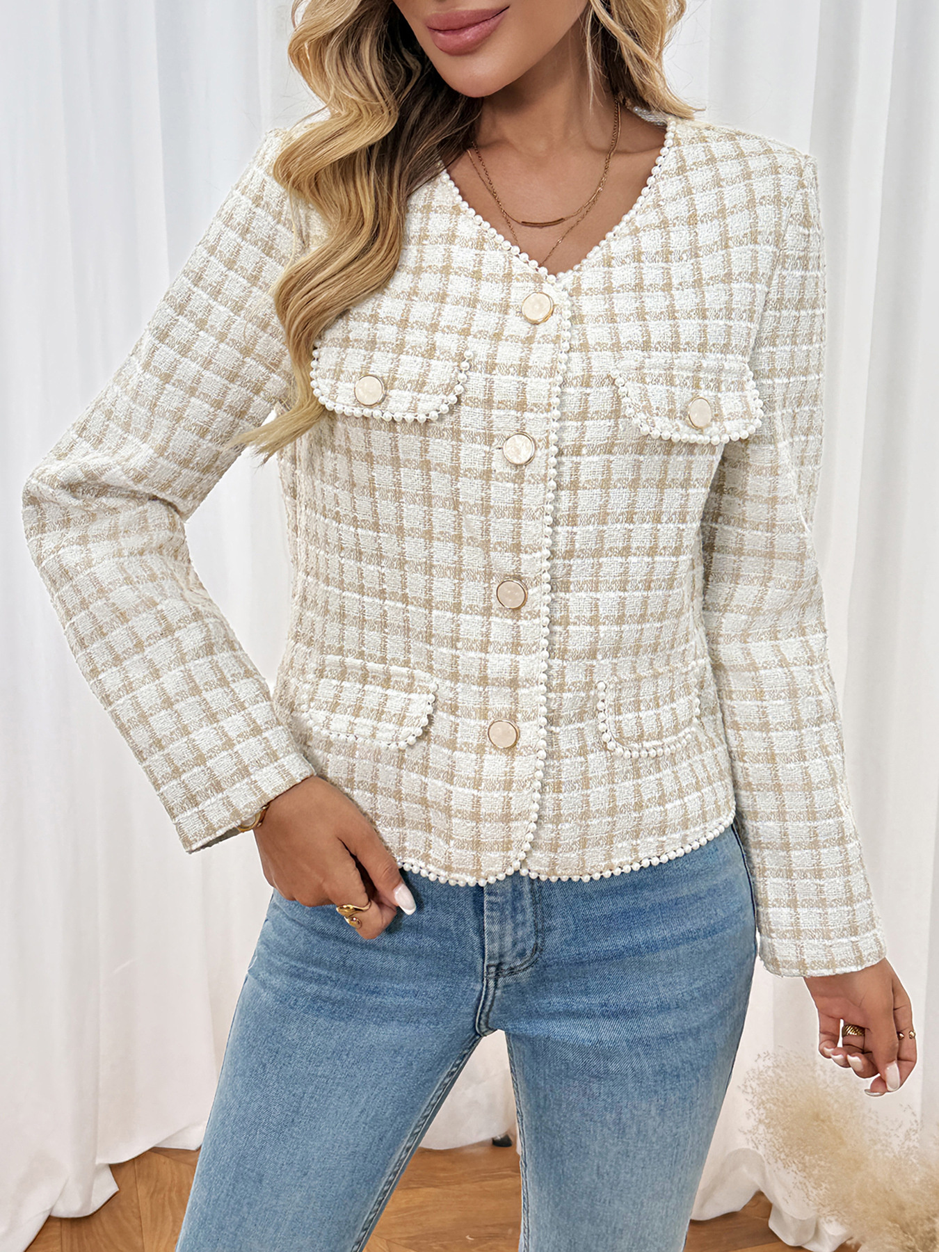Pearl Trim Button Up Tweed Outerwear