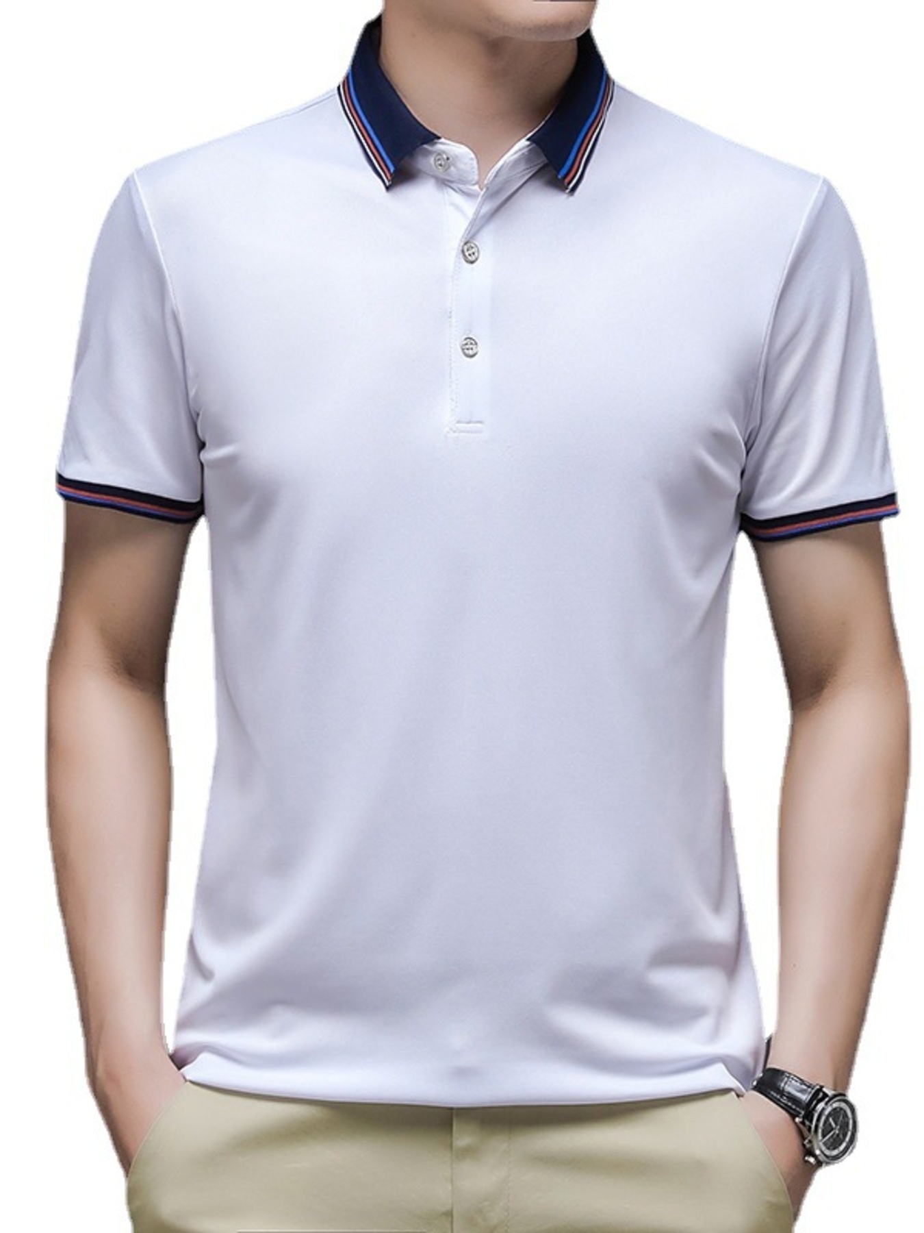 Men's Plus Size Contrast Striped Collar Short Sleeve Polo