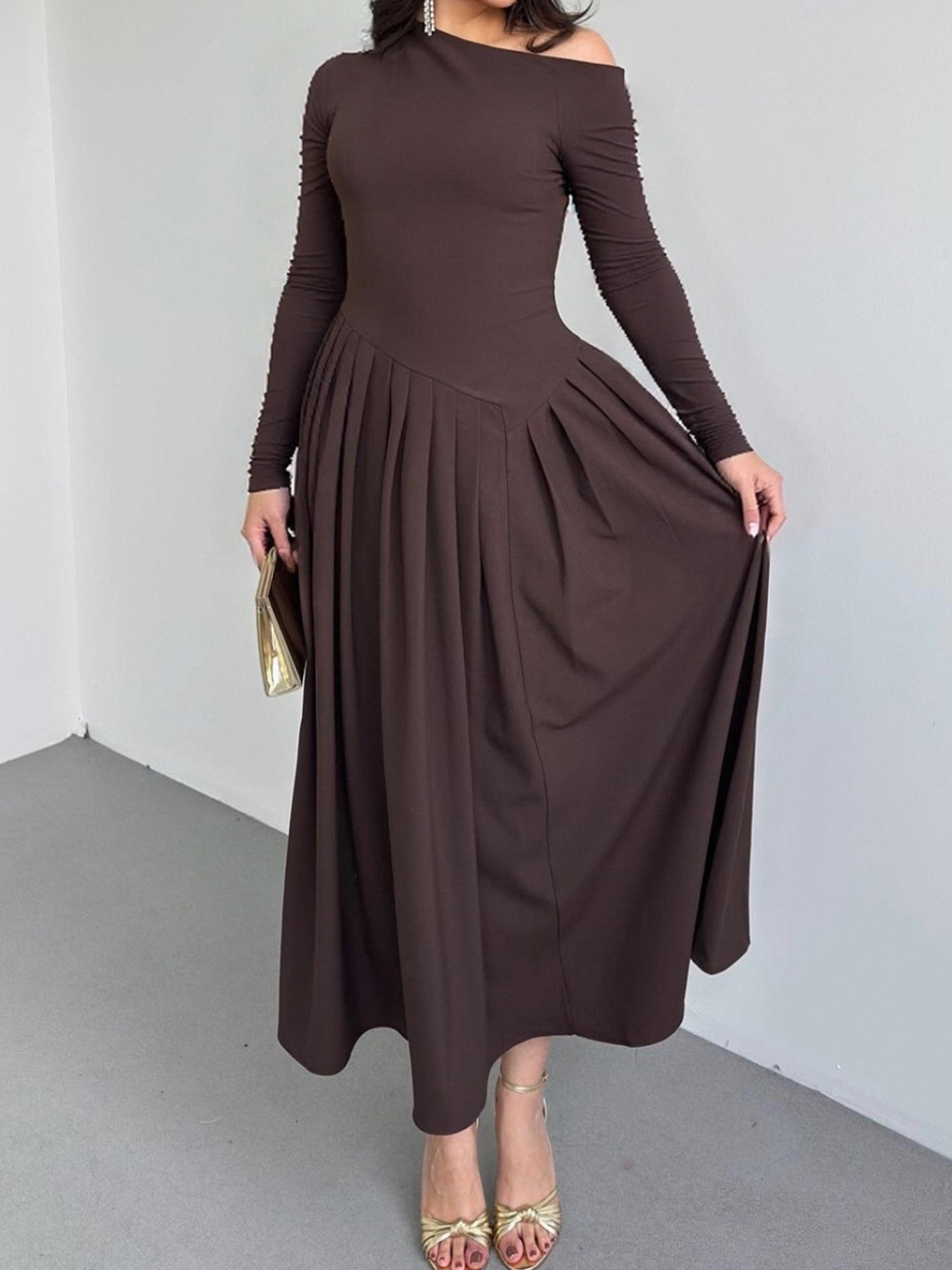 Ruched One Shoulder Long Sleeve Dress