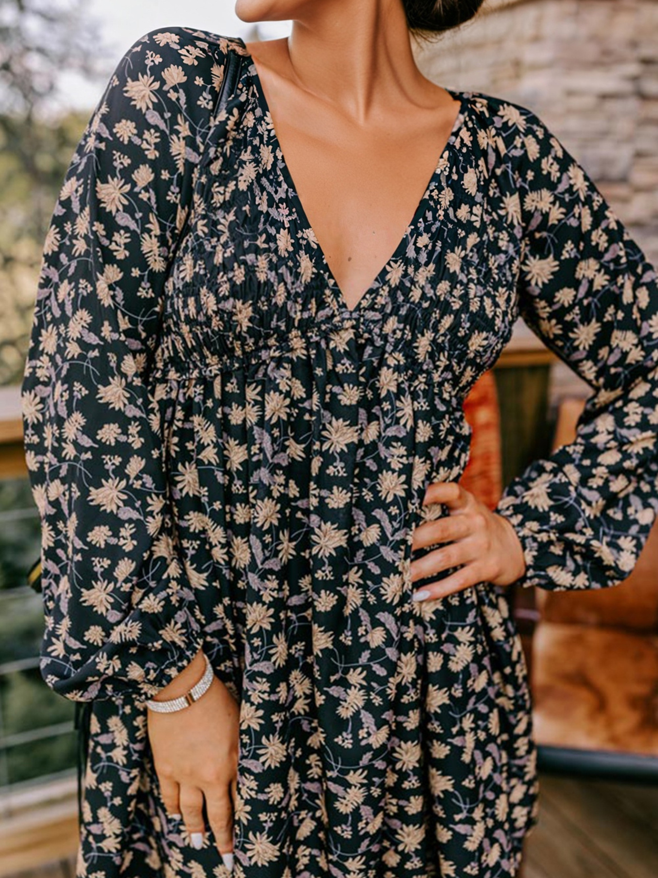 Floral Deep V Neck Smocked Bust Bubble Sleeve Babydoll Dress