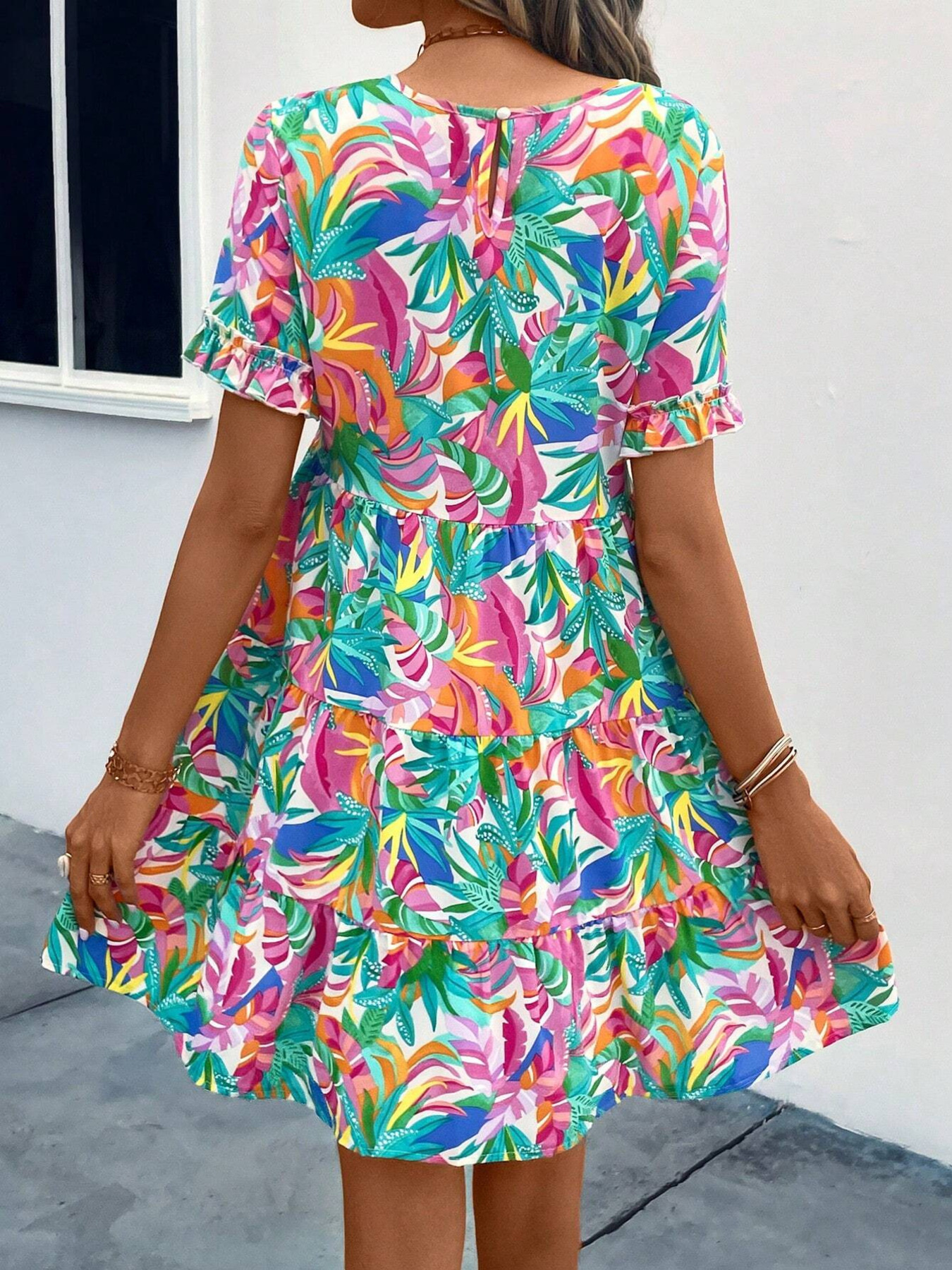 Printed Round Neck Short Sleeve Dress