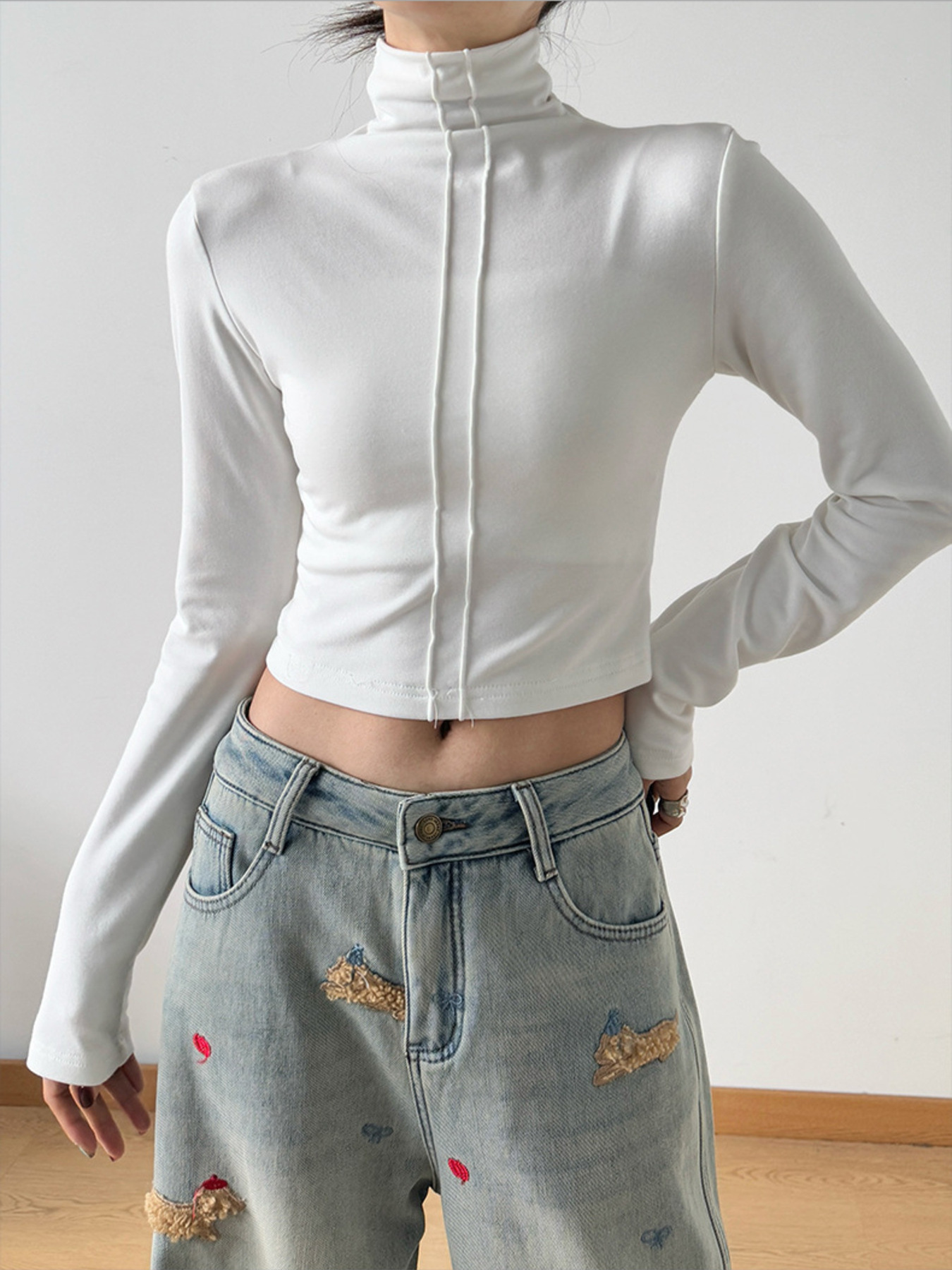 High Neck Long Sleeve Cropped T-Shirt