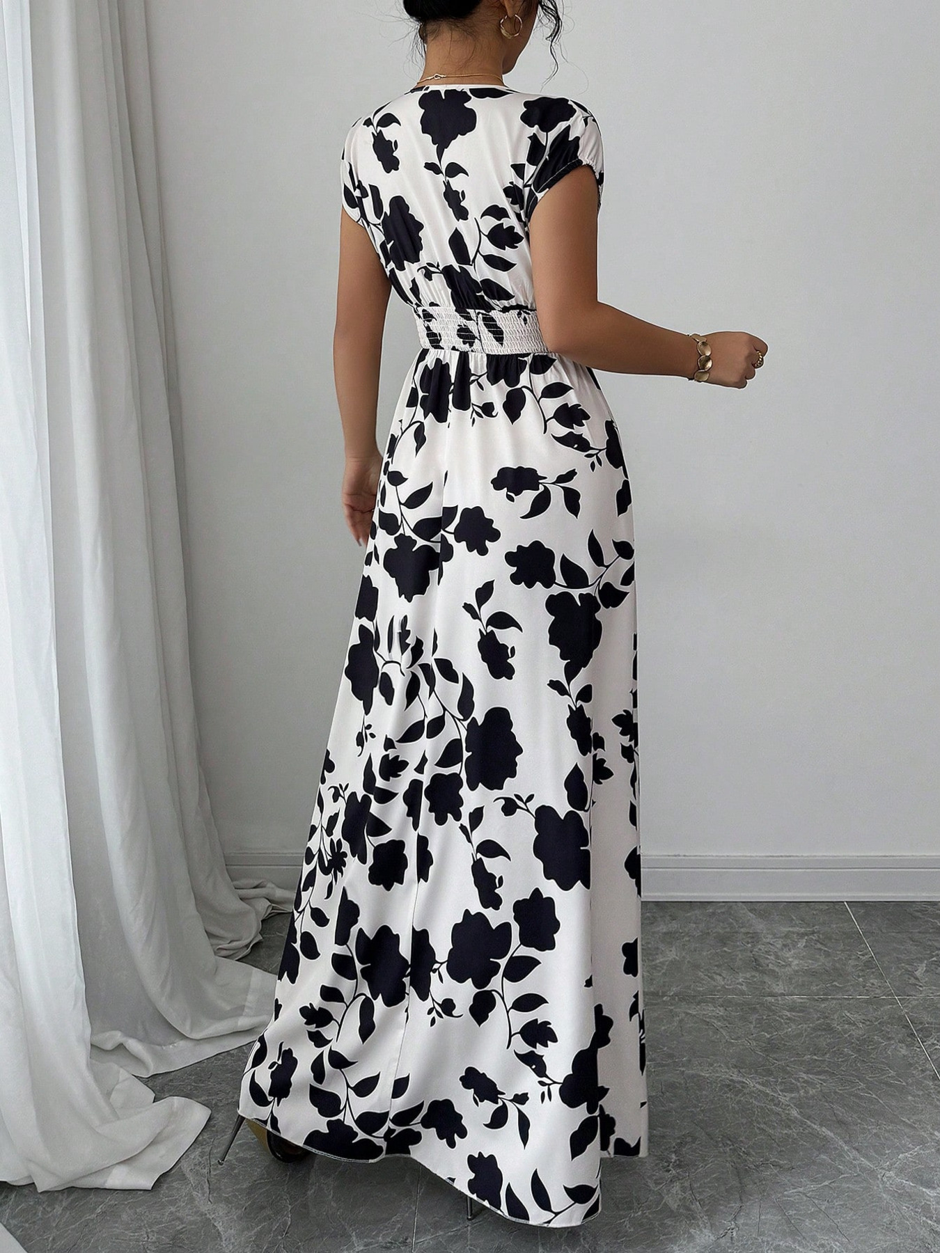 Printed Surplice Cap Sleeve Maxi Dress
