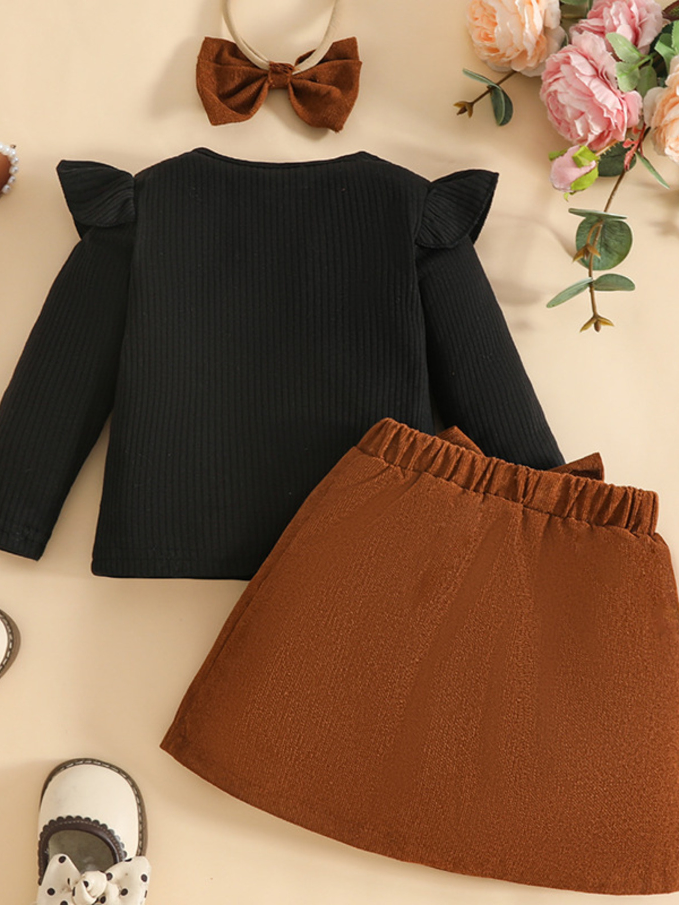 Children's Ribbed Knit Top and Bowknot Skirt Set with Headband