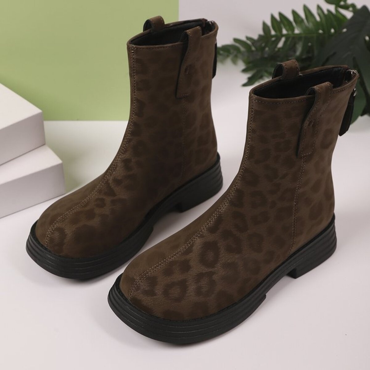 Leopard Round Toe Block Heels Boots