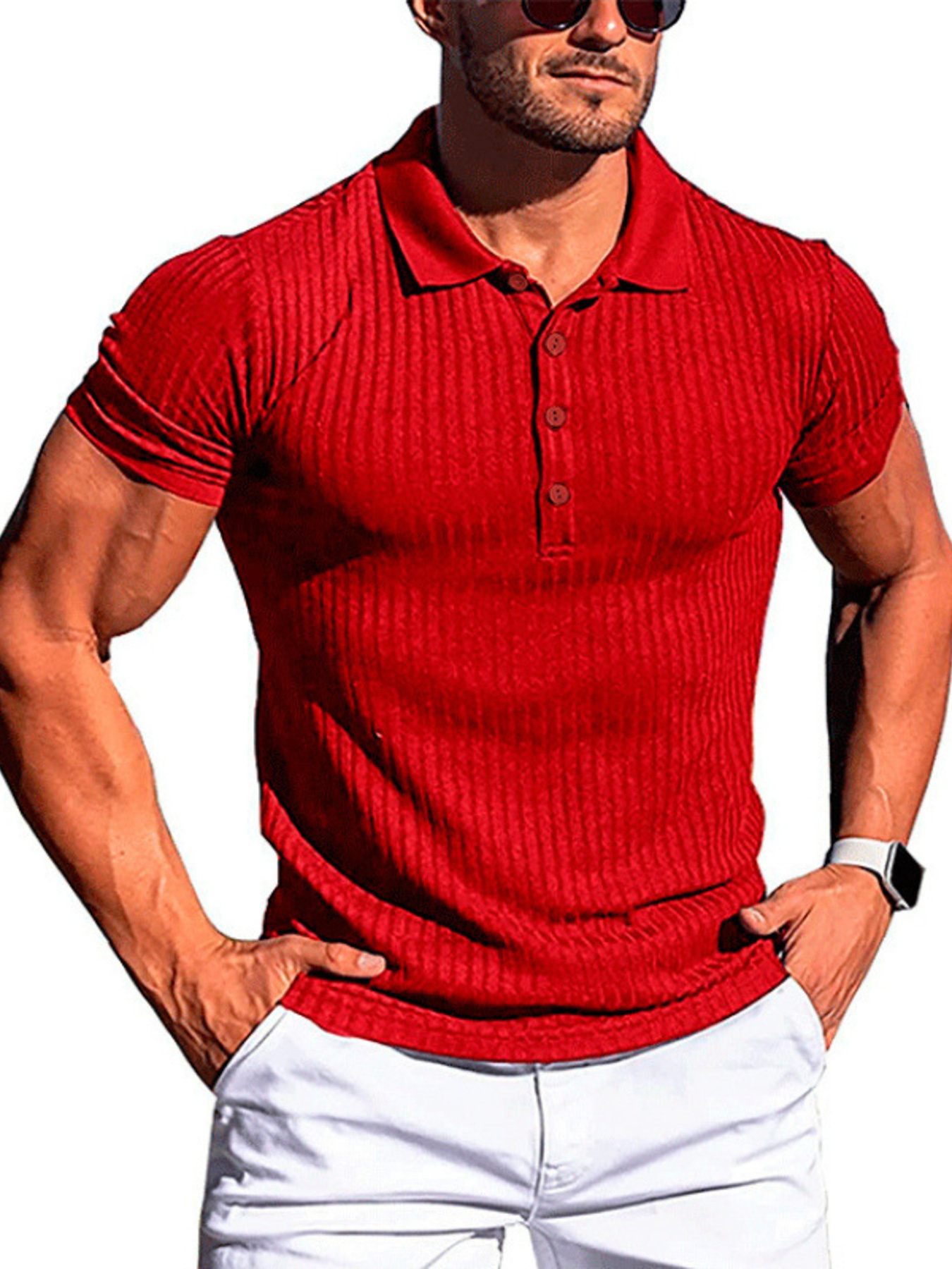 Men's Full Size Ribbed Button Detail Short Sleeve Polo Plus Size
