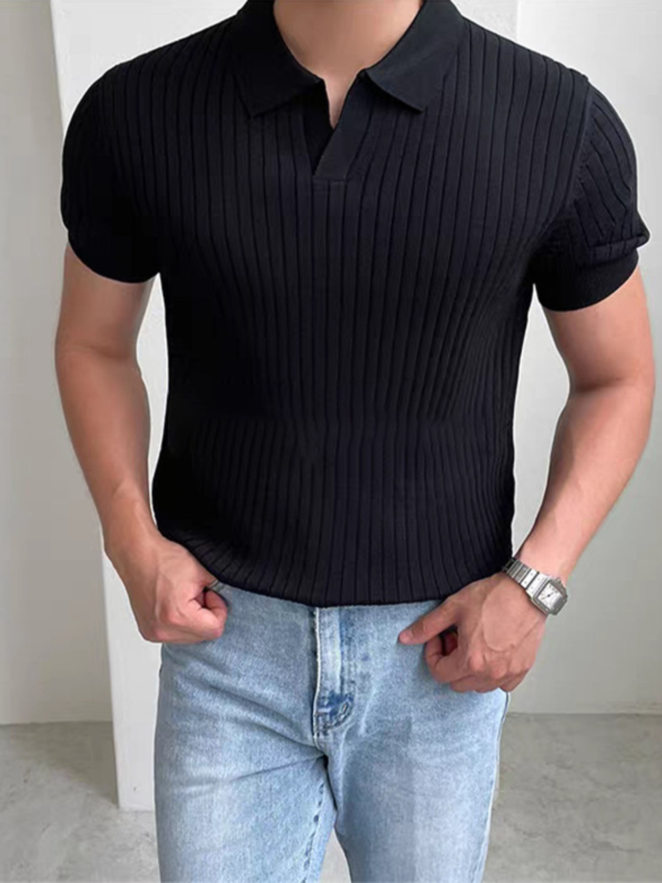 Men's Full Size Ribbed Short Sleeve Polo Plus Size