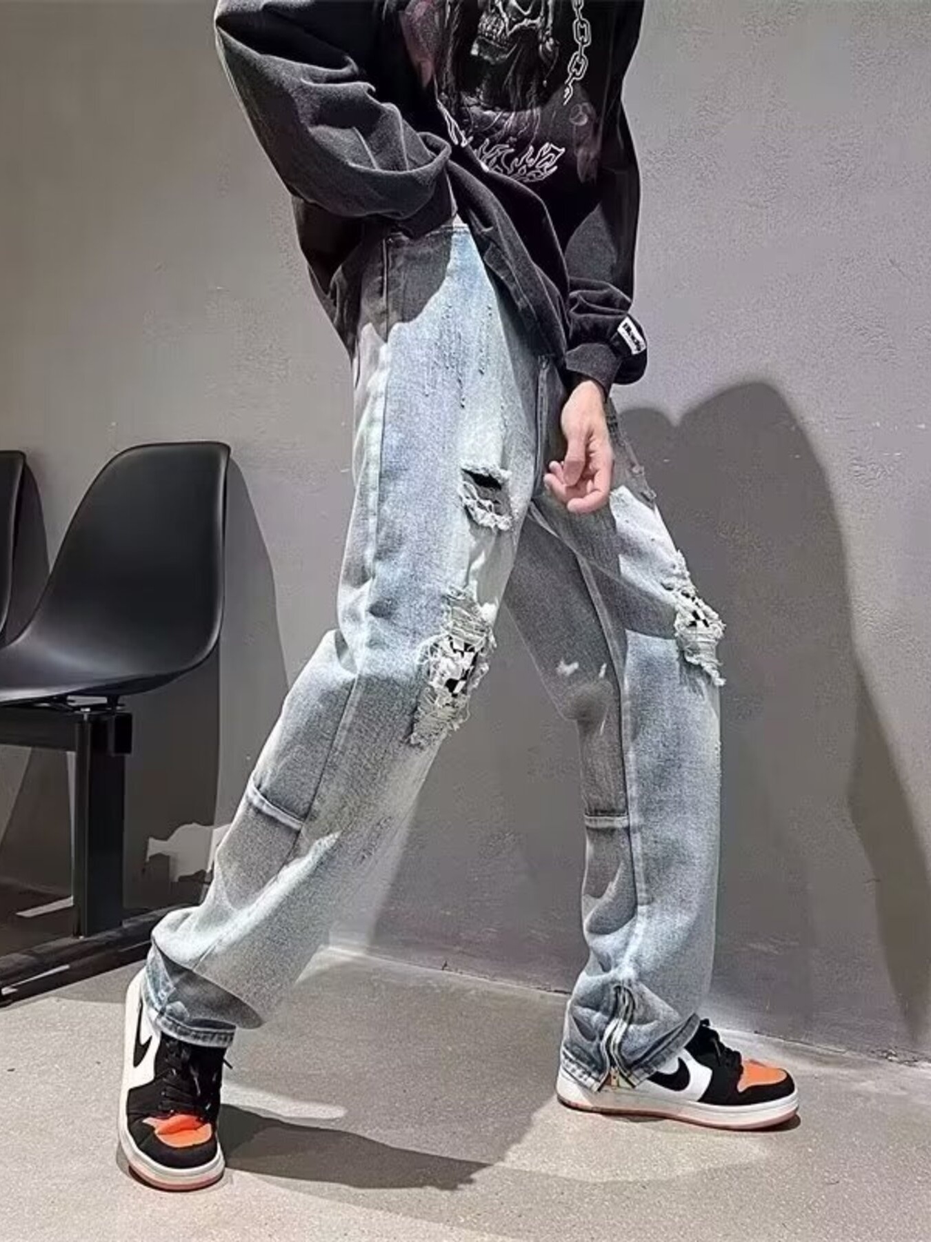 Men's Full Size Ripped Checkerboard Patchwork Jeans Plus Size