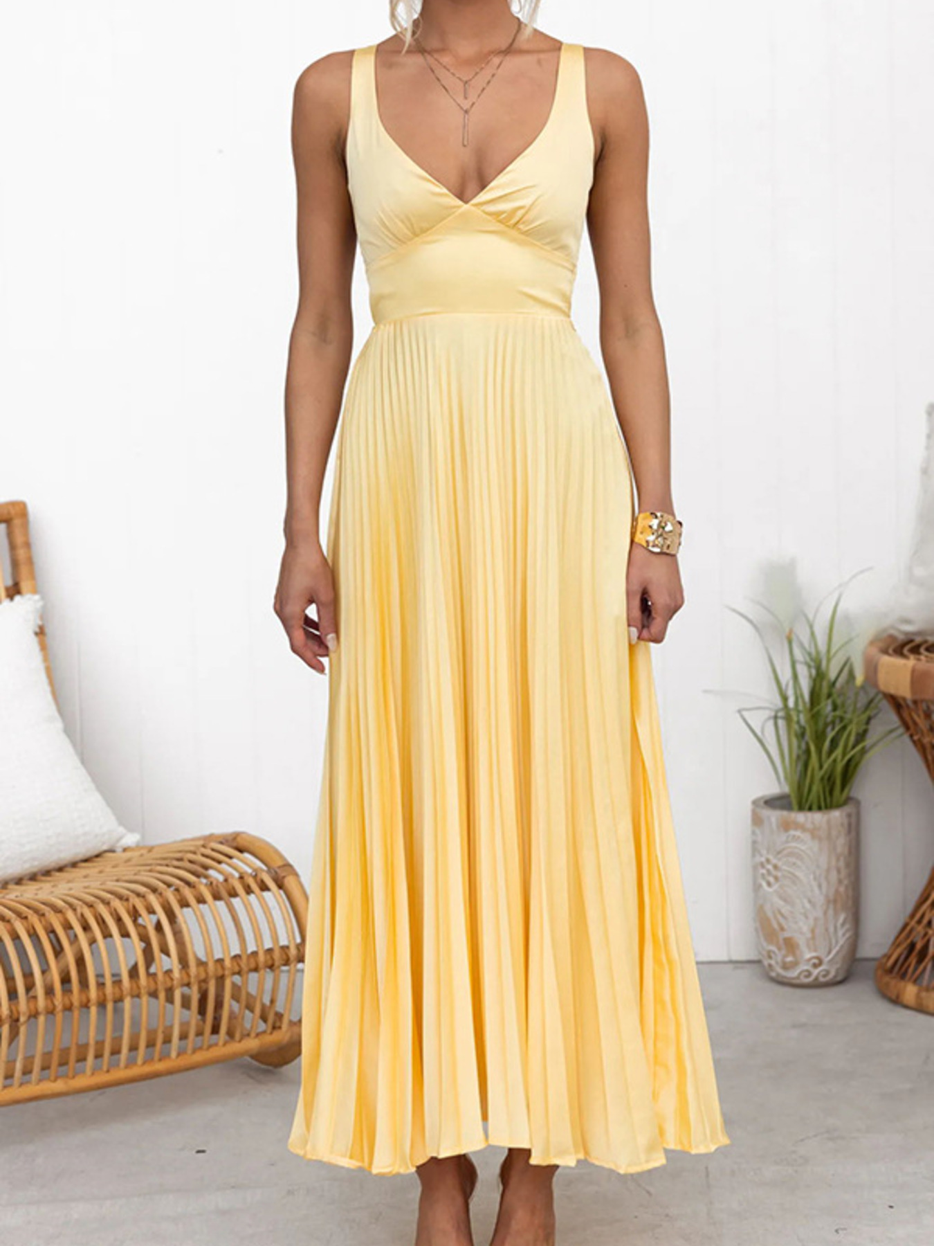 Pleated V-Neck Sleeveless Maxi Dress