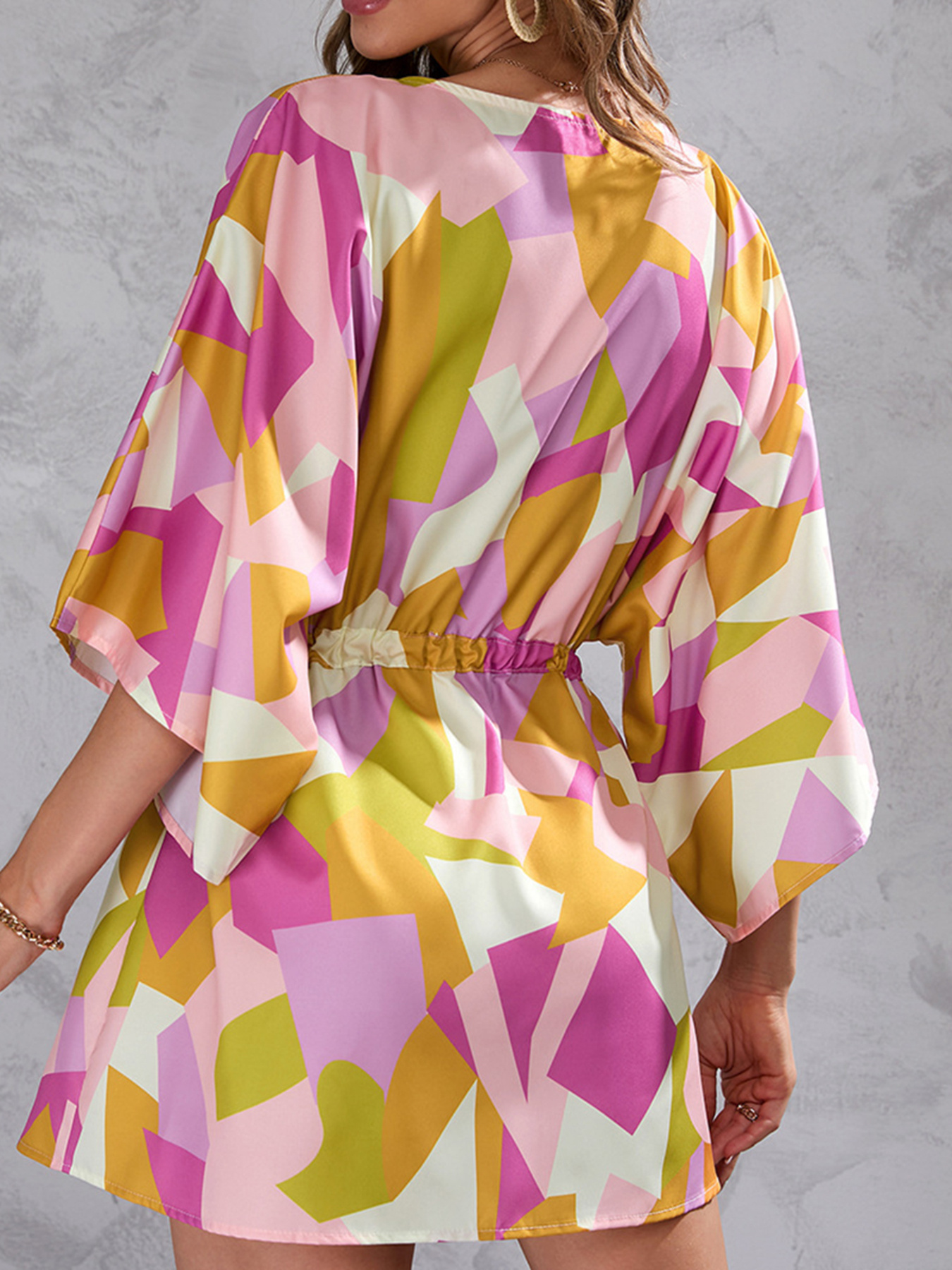 Color Block Drawstring Waist Button Up Dress