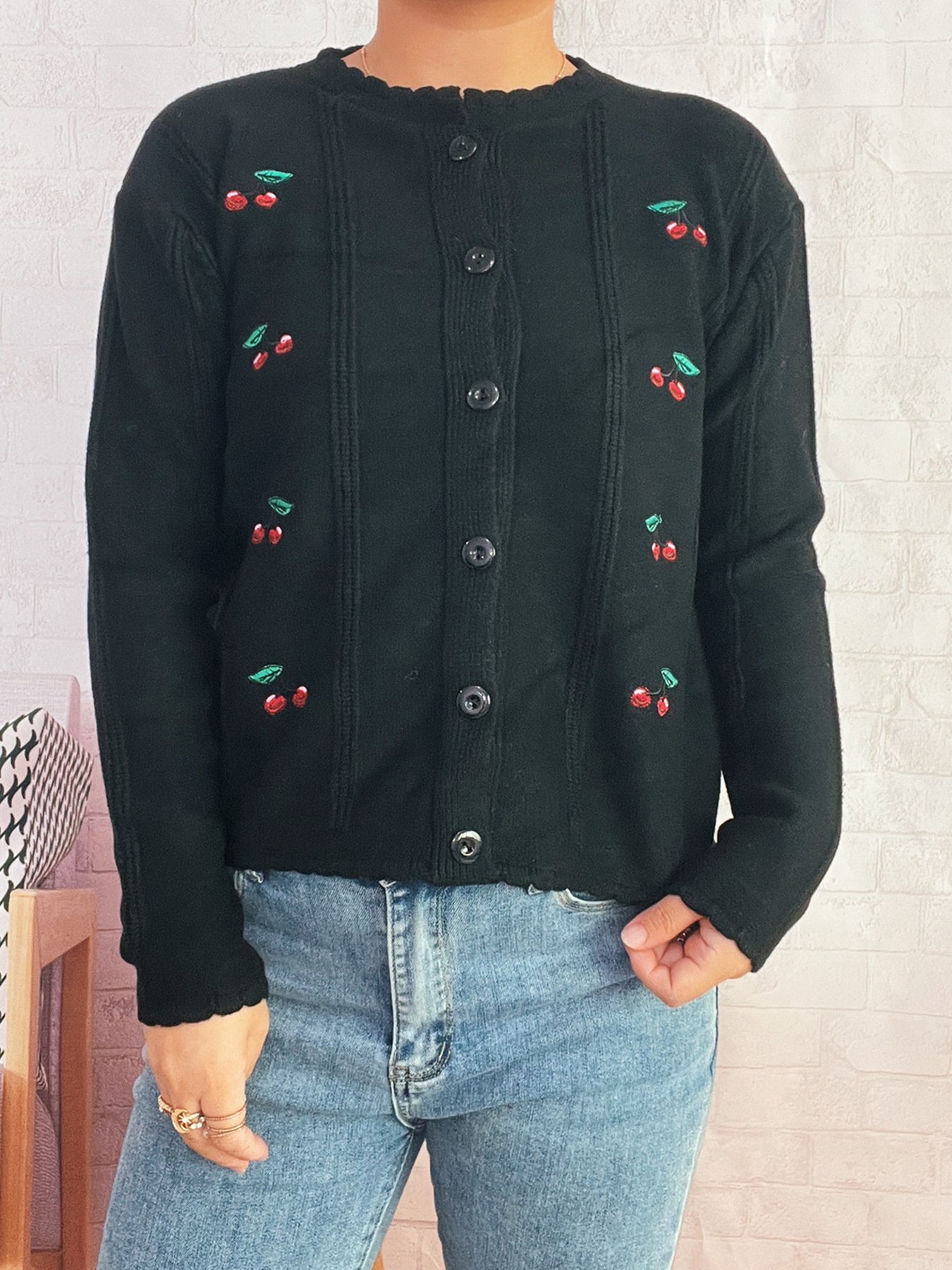 Cherry Embroidered Button Up Cardigan