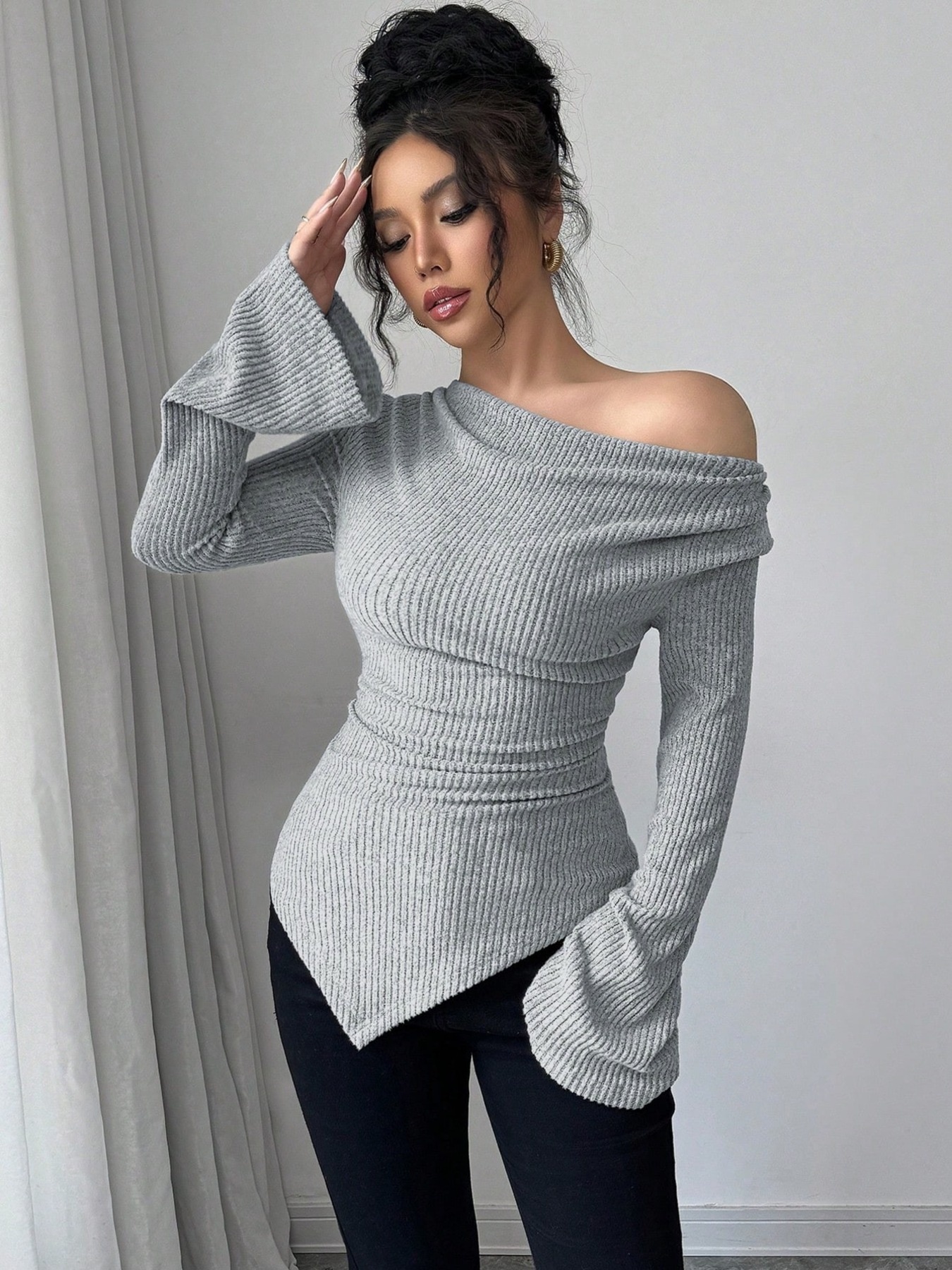 Cowl Neck Flare Sleeve Top