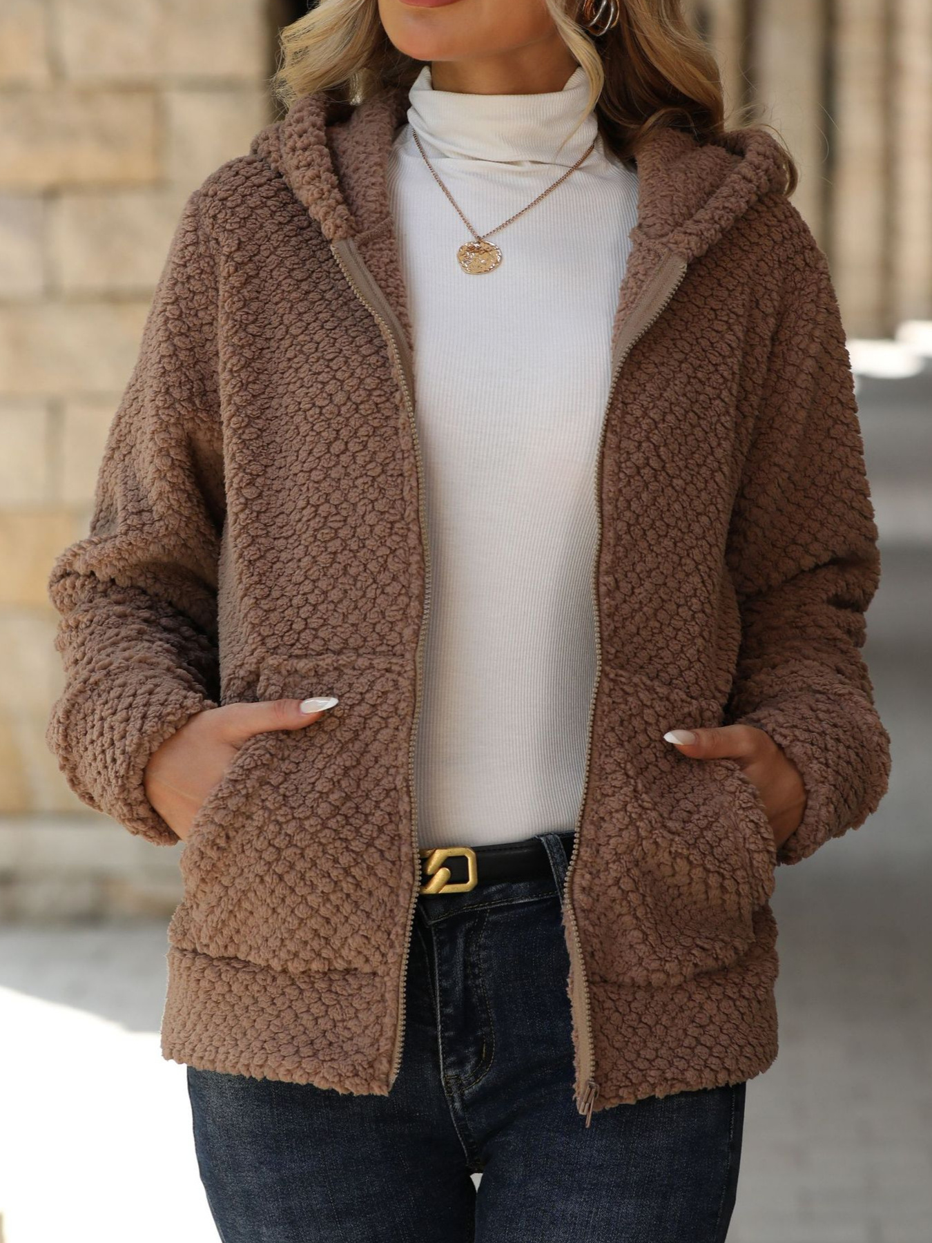 Textured Knit Zip-Up Hooded Outerwear