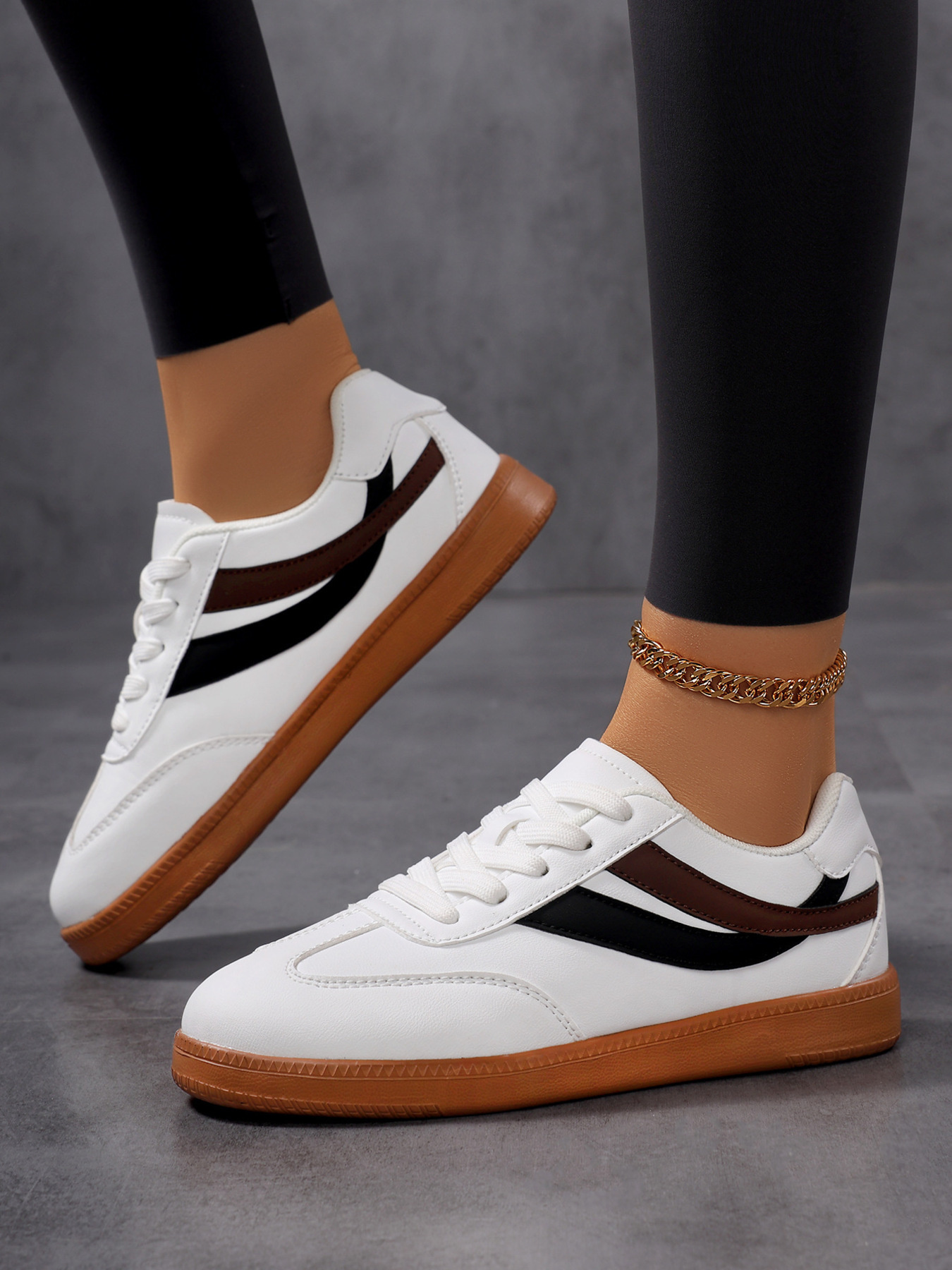Lace Up Flat Sneakers with Stripe Accent