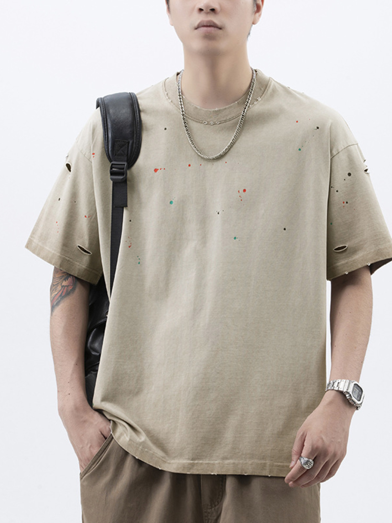 Men's Plus Size Distressed Round Neck Short Sleeve T-Shirt