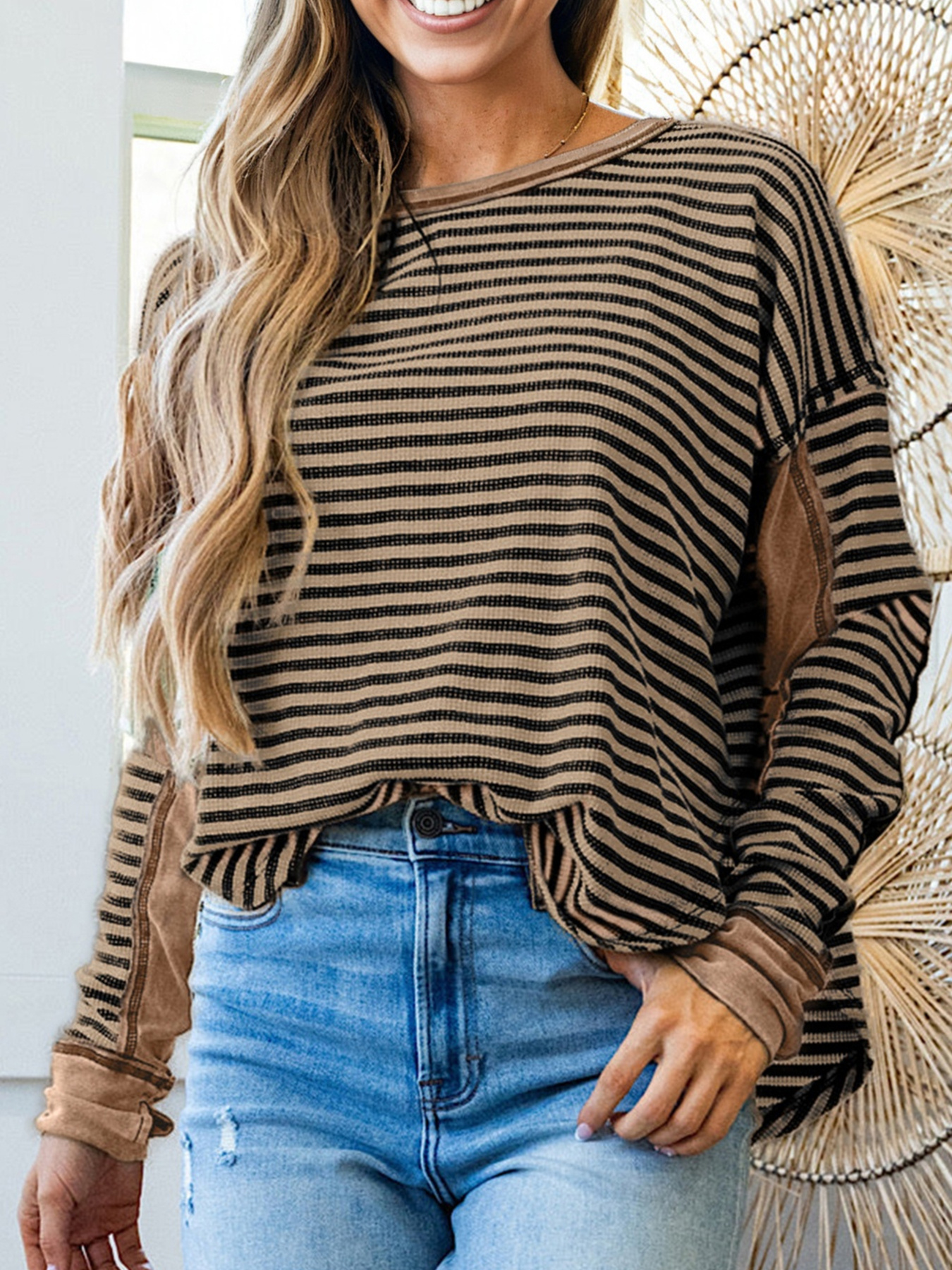 Stripe Thermal Knit Drop Shoulder Casual Top